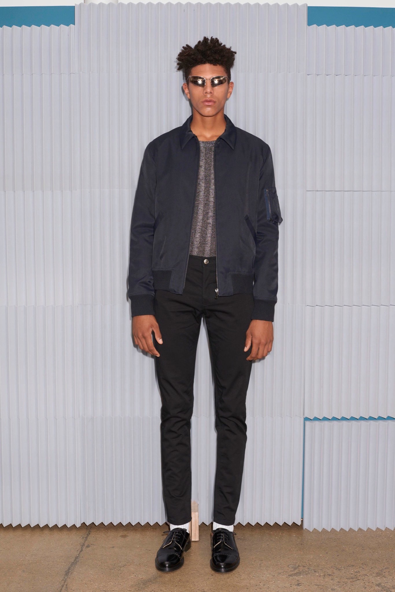 black fitted jacket with gray top