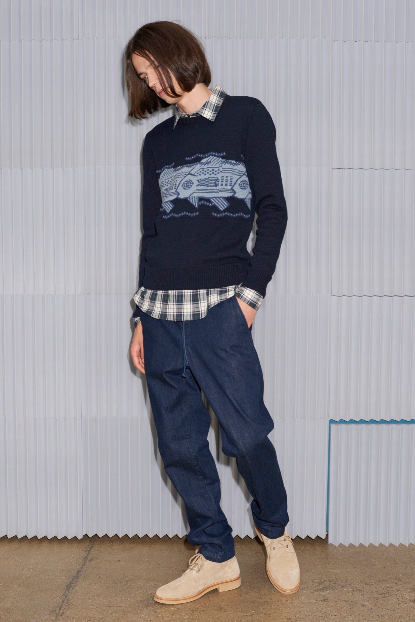 navy sweater with checked shirt