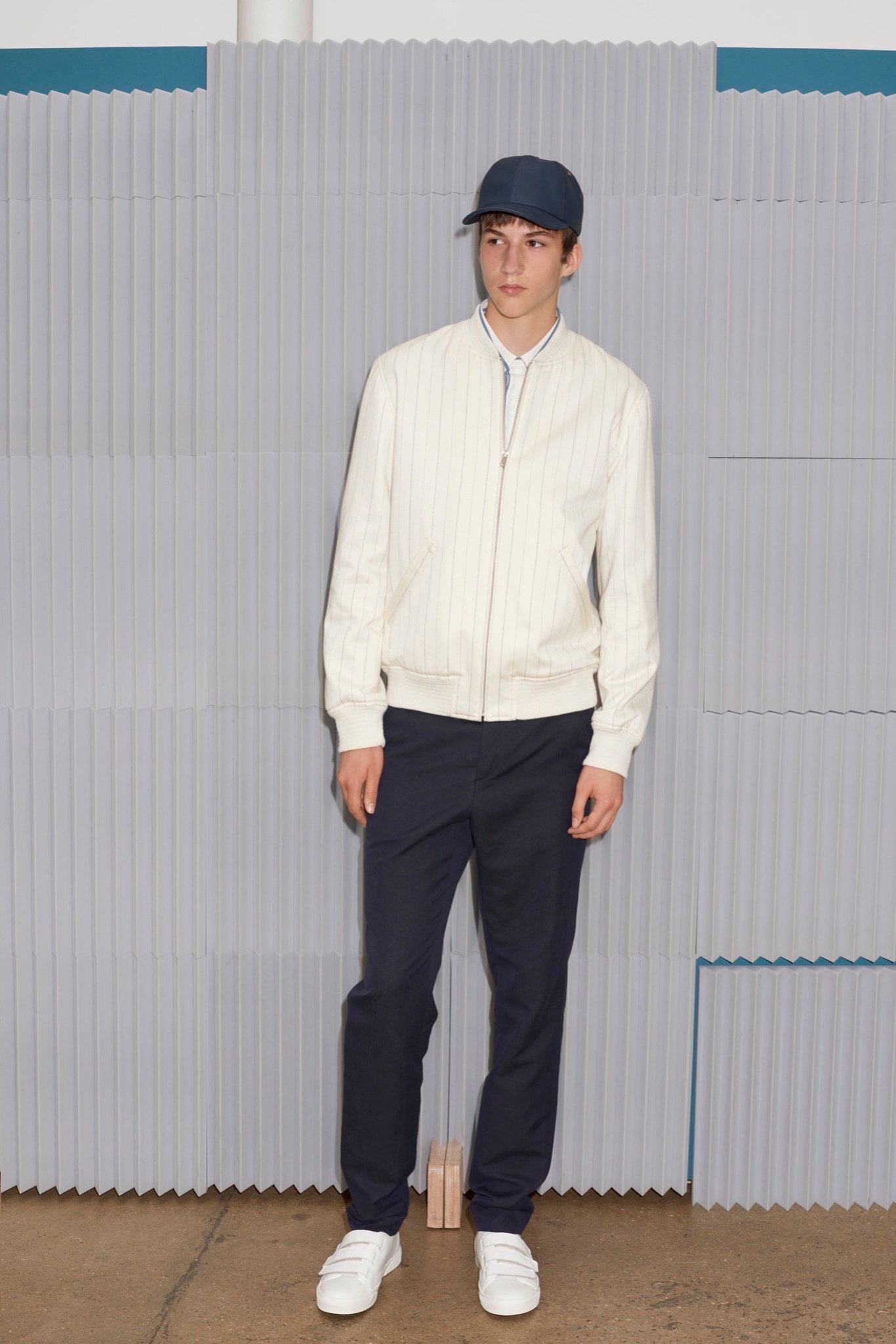 white jacket navy pants outfit