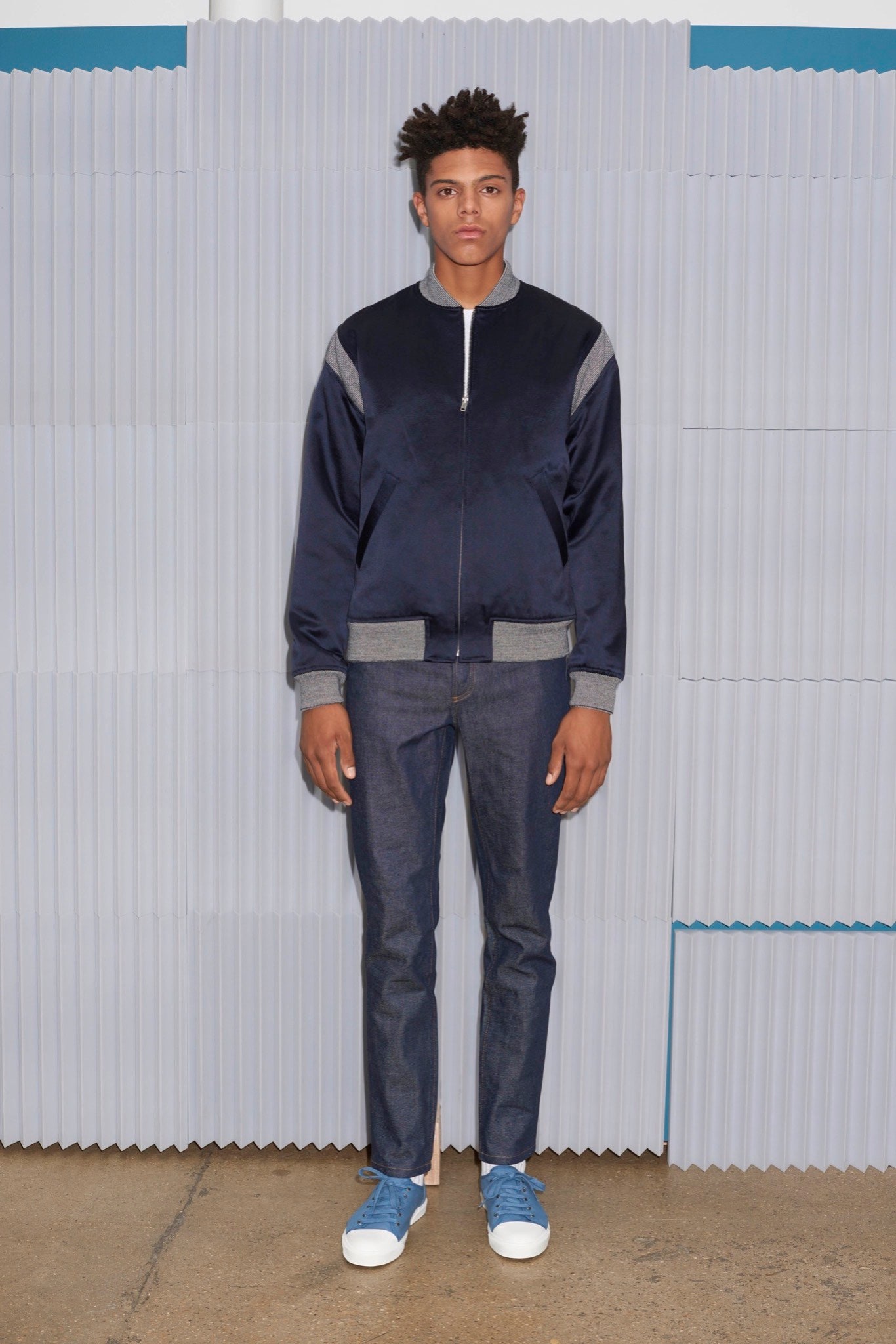 blue relaxed jacket with denim pants