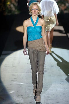 blue silk halter top with beige pants