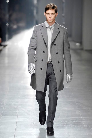 gray tailored coat with slim pants