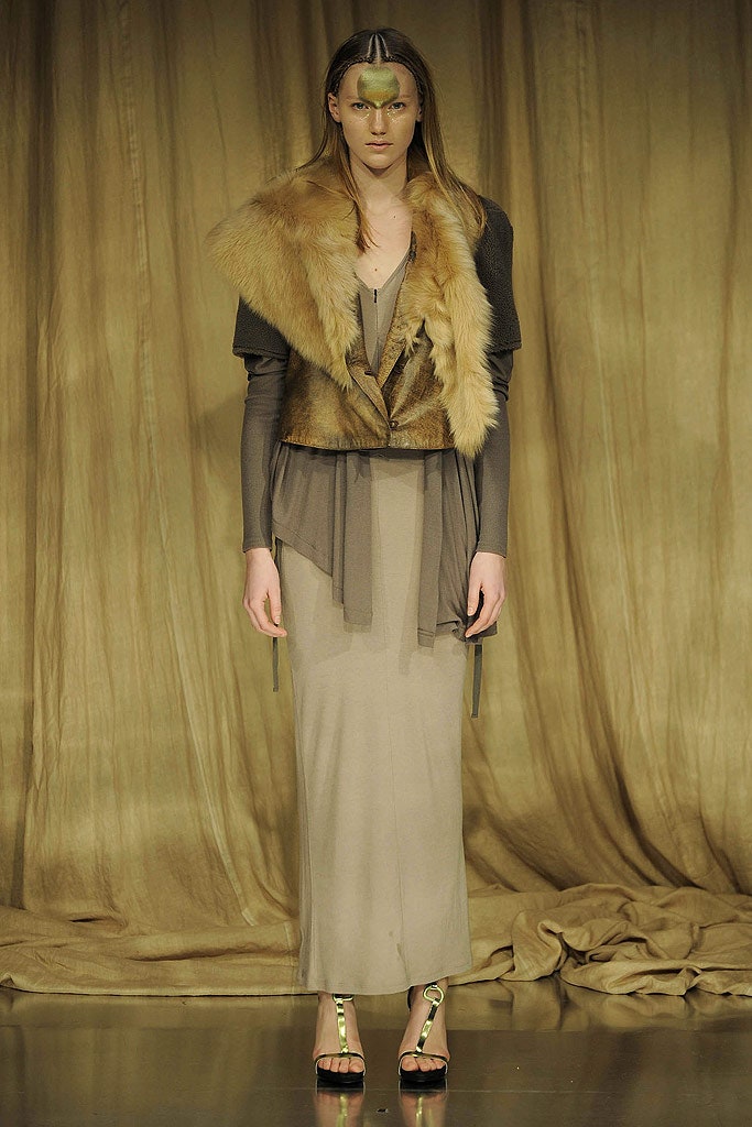 beige silk maxi dress with brown fur cape