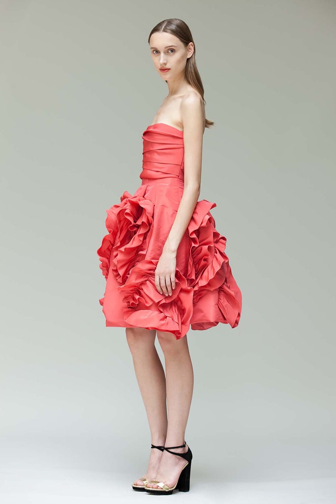 coral strapless ruffled mini dress
