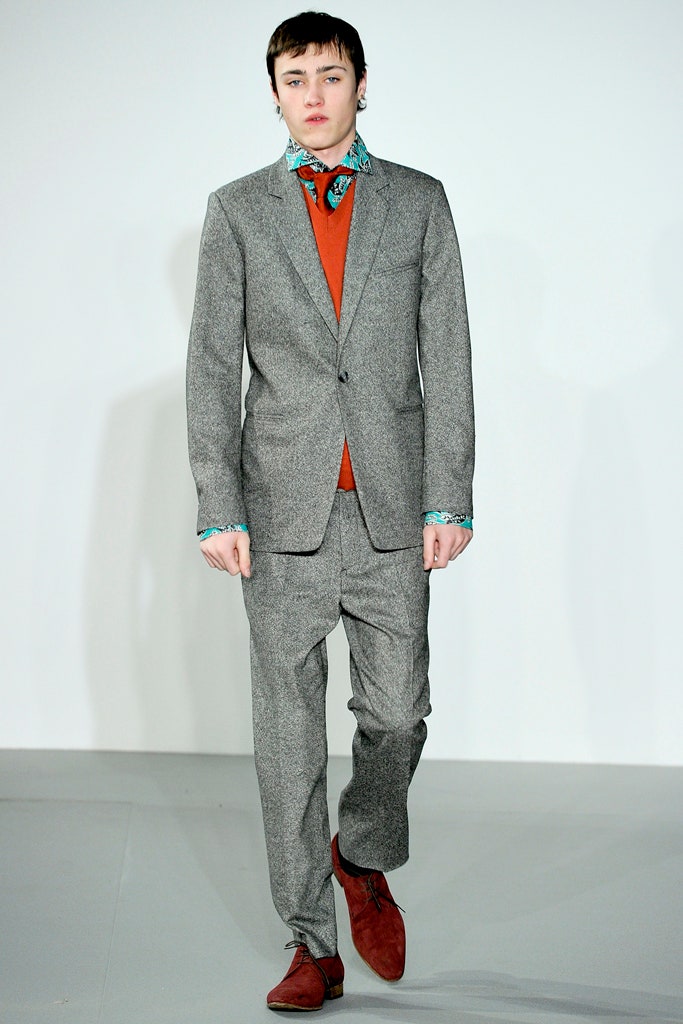 gray tailored suit with printed shirt