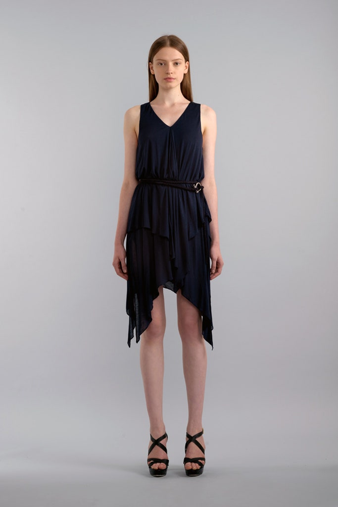 blue silk sleeveless dress