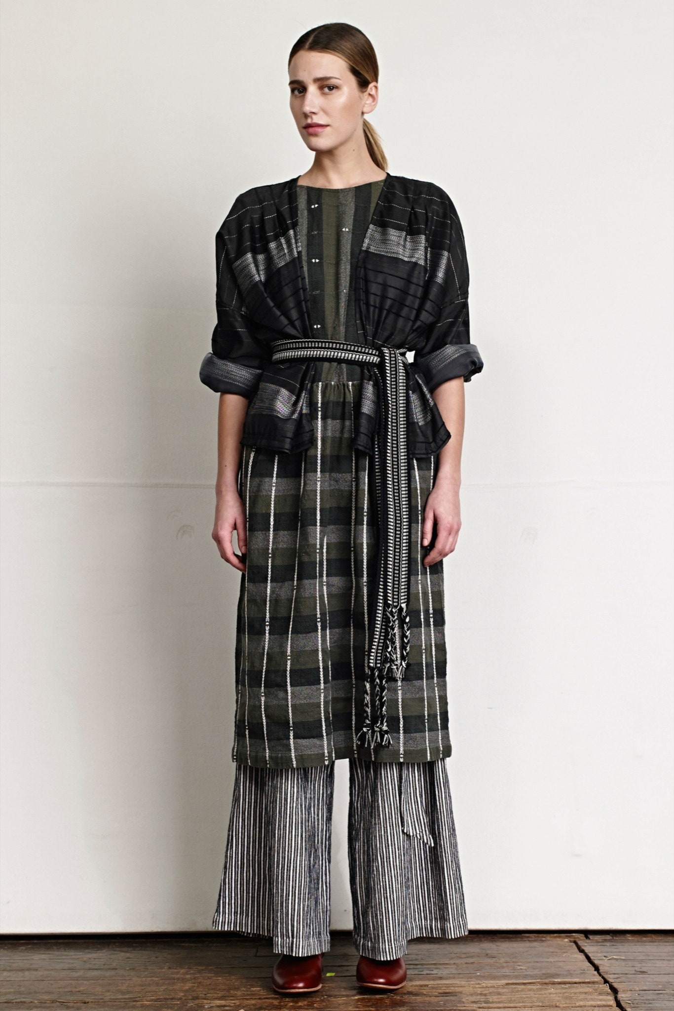 relaxed black green striped dress