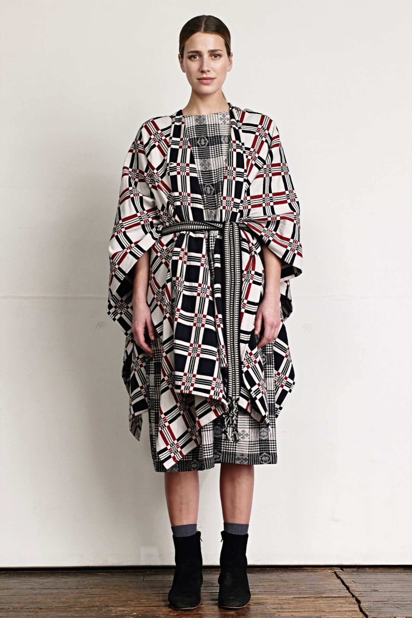 checked midi dress with cape