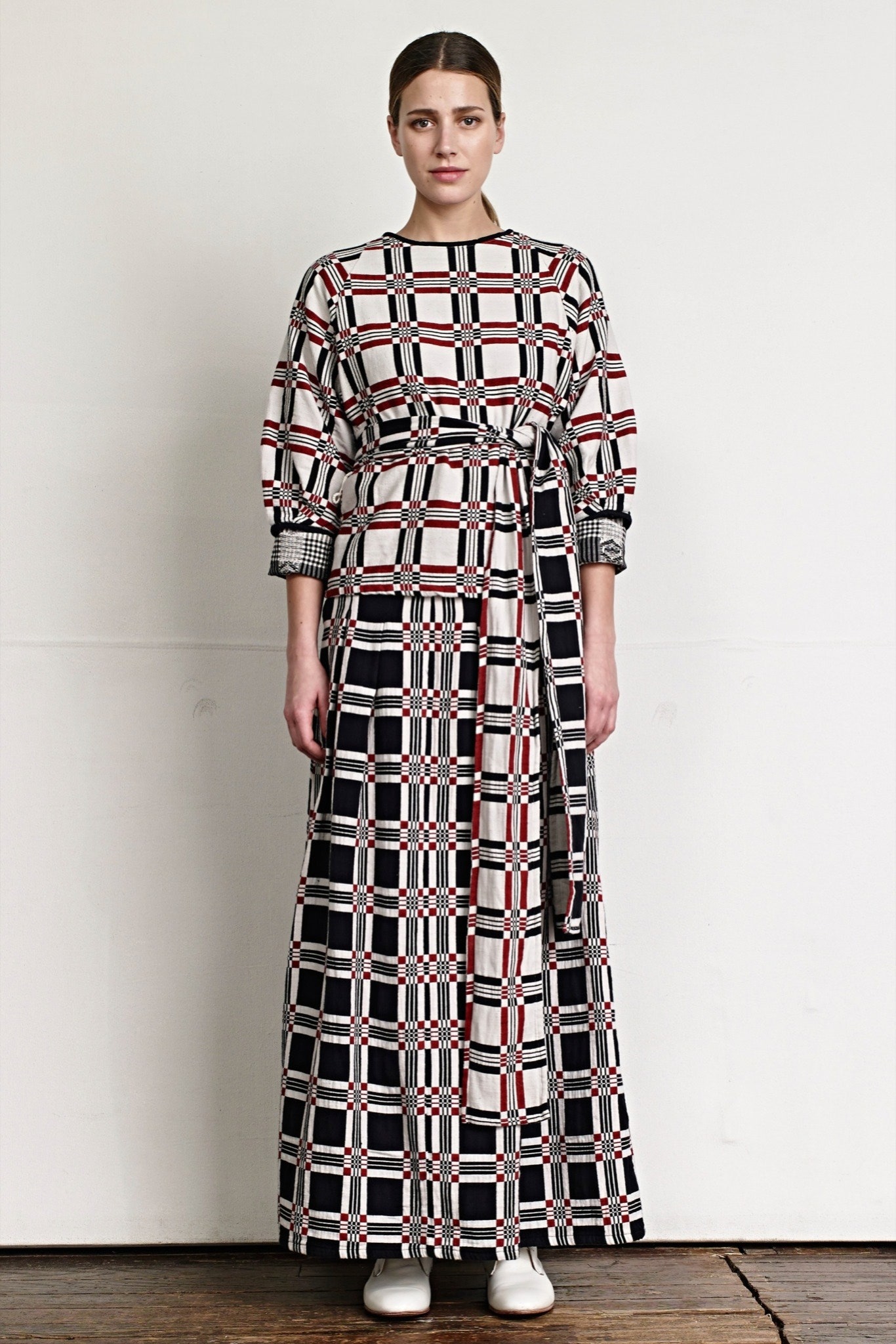 checked belted maxi dress