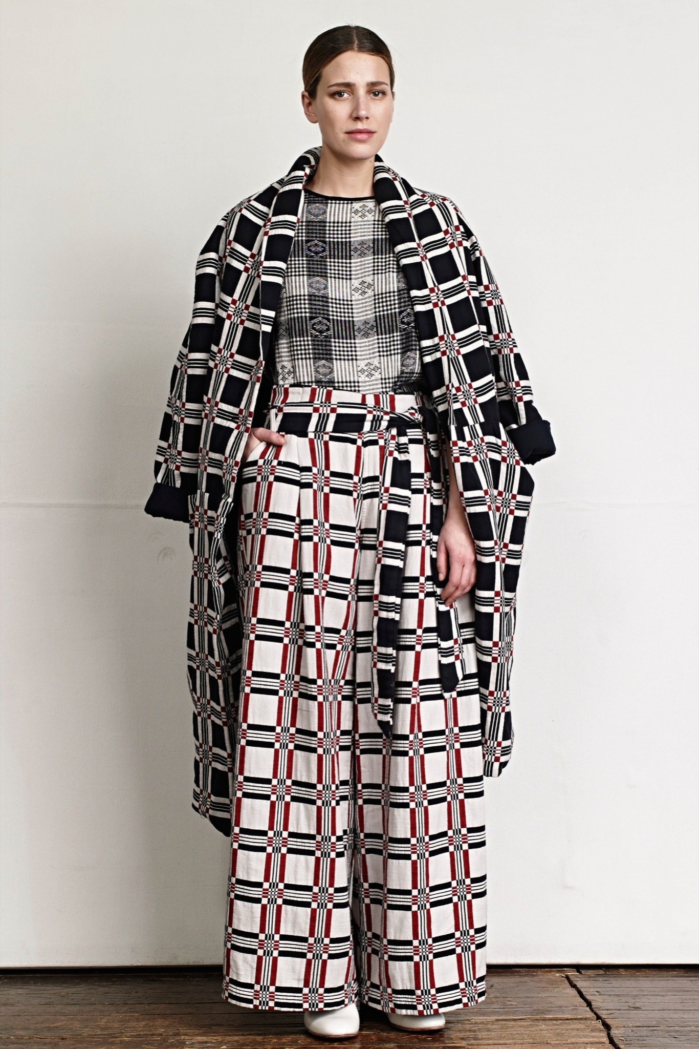 checked coat and wide-leg pants