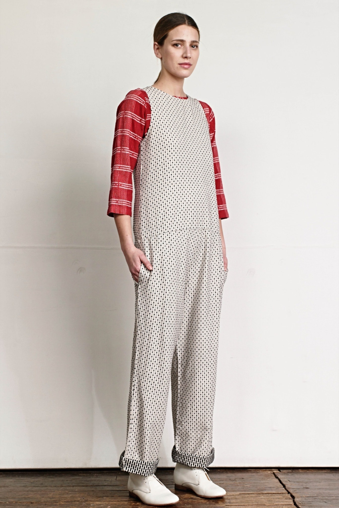 polka-dot jumpsuit with striped top