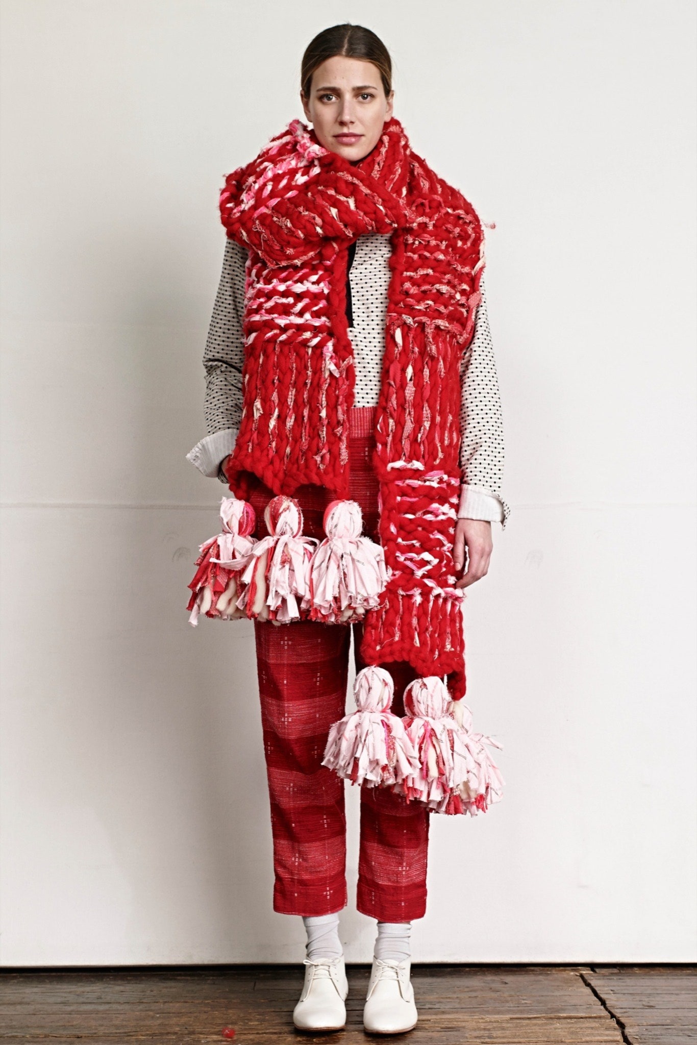 red checked pants with polka-dot blouse