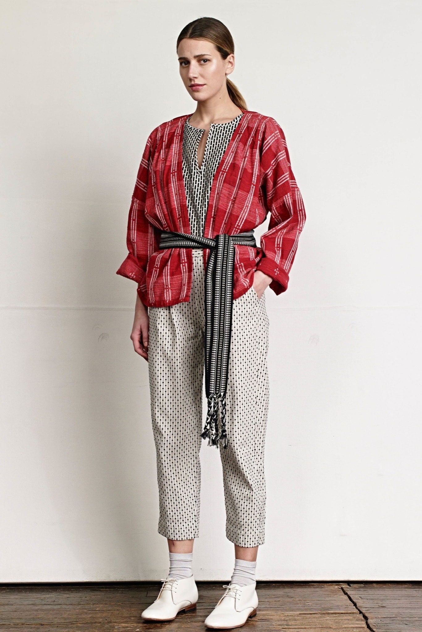 red checkered jacket with polka-dot pants