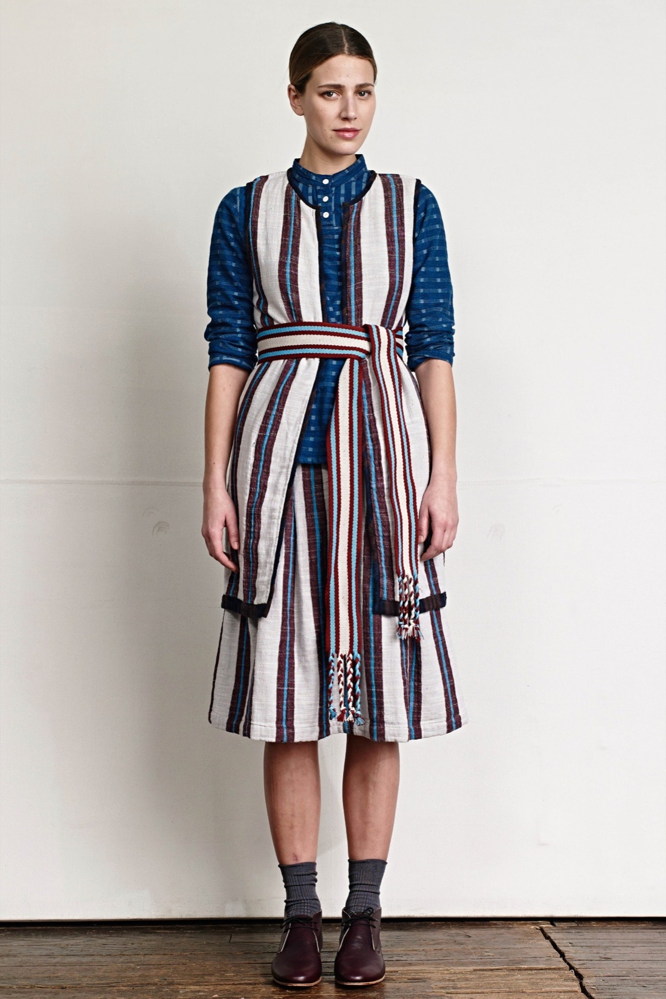striped midi dress with blue shirt