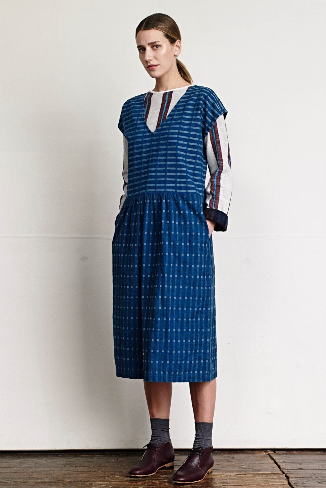 blue midi dress with striped shirt