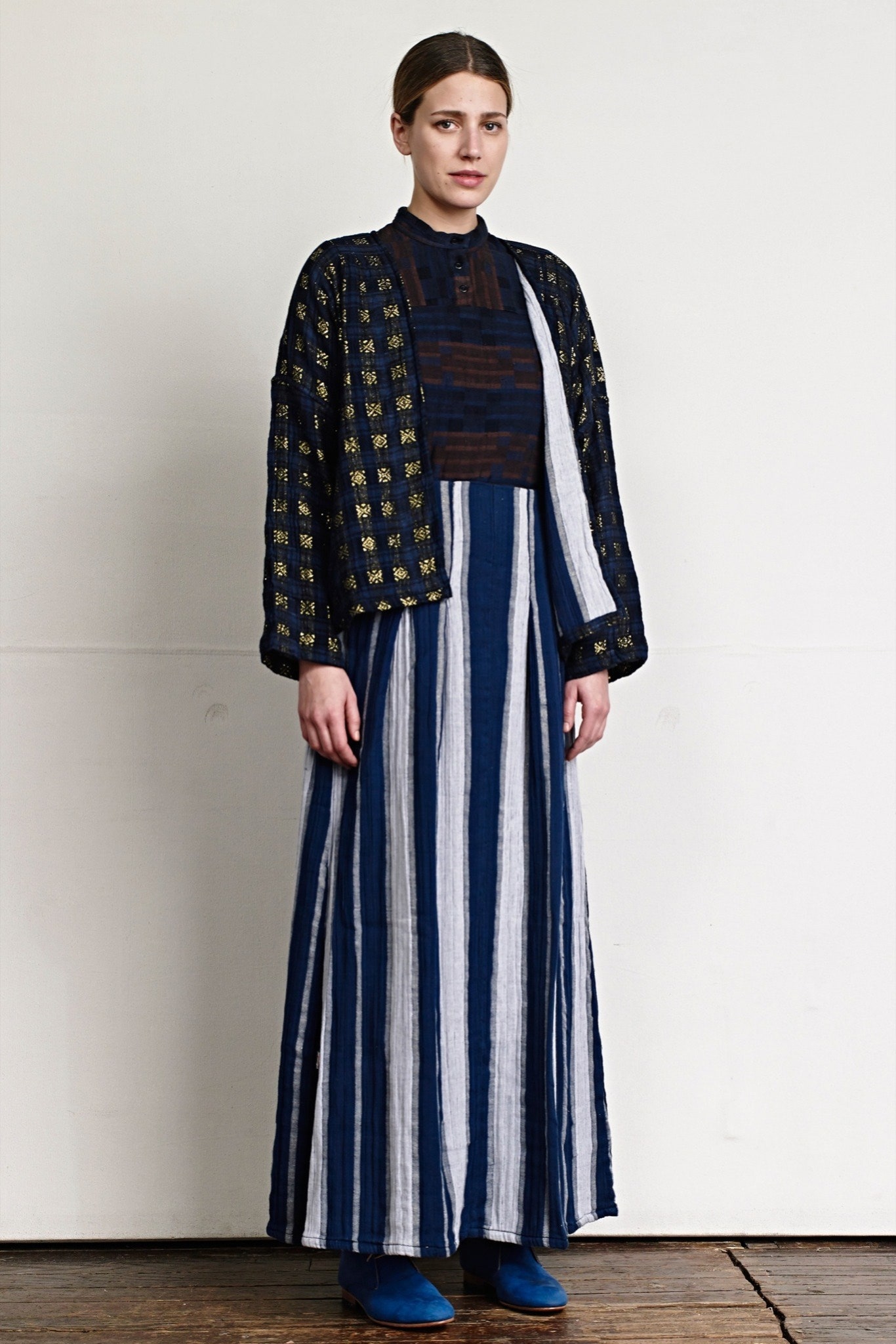 blue and white striped maxi dress with jacket