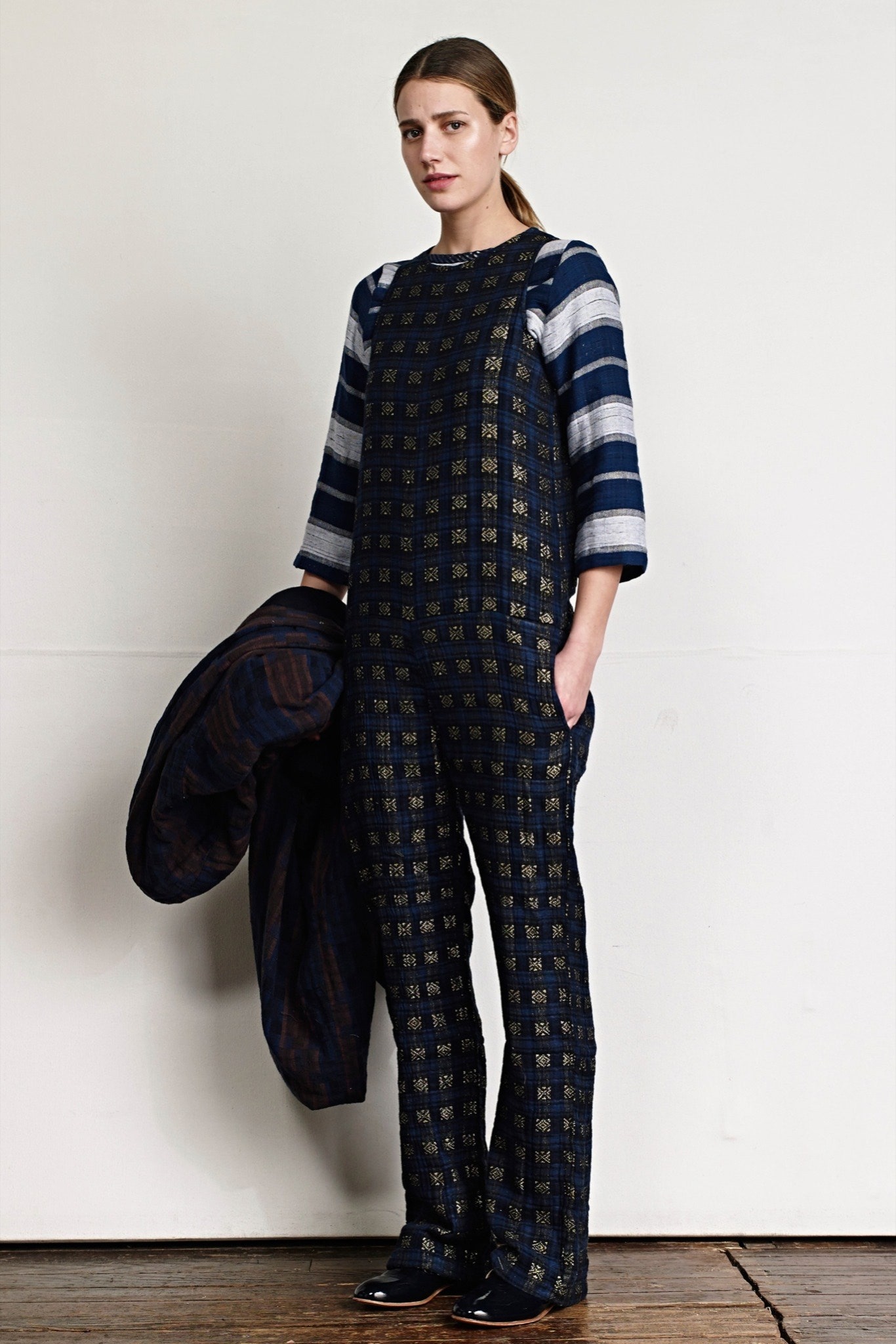 blue printed jumpsuit with coat