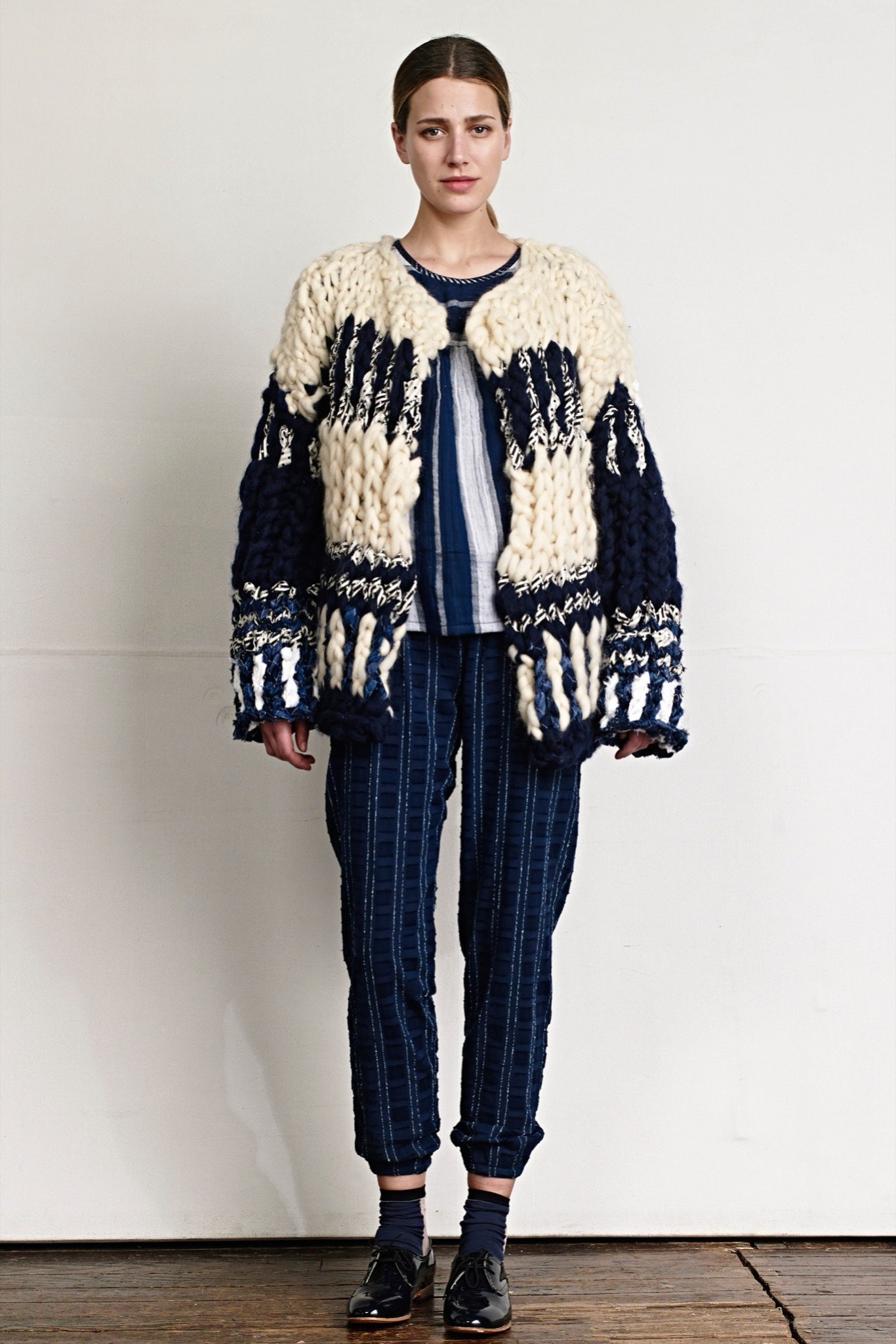 white wool long-sleeve collared relaxed layered cardigan