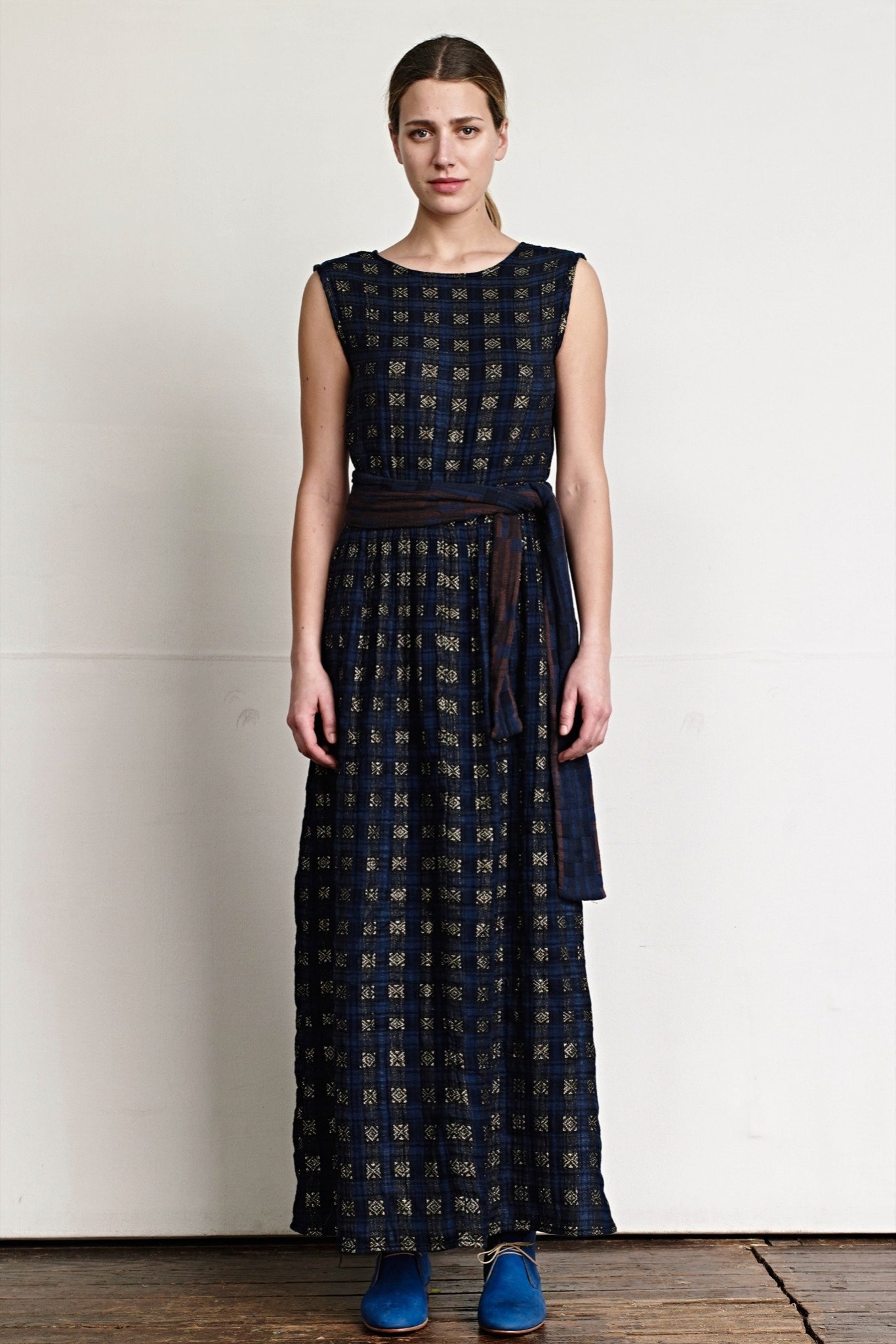 blue and gold tiered maxi dress