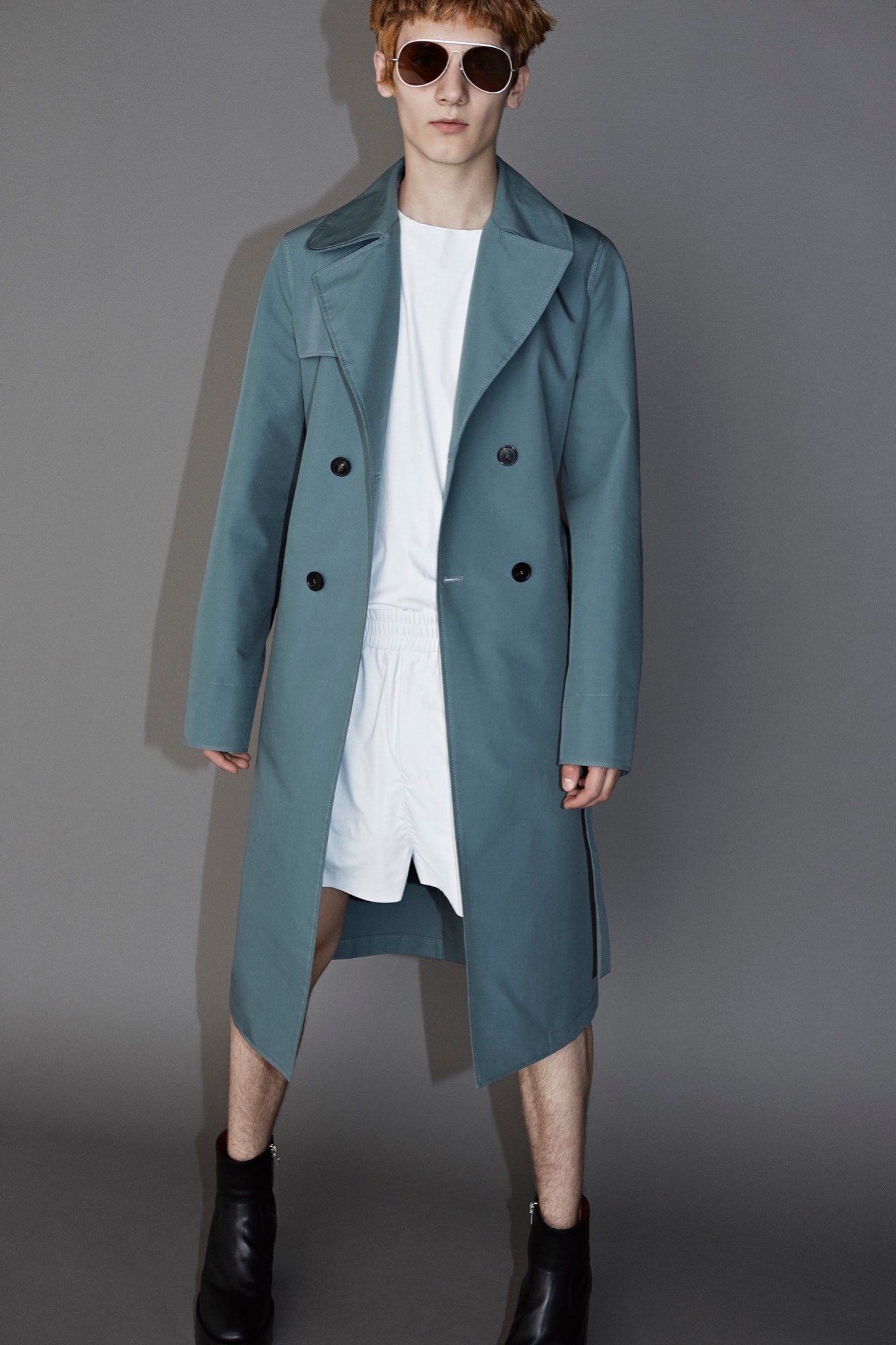blue coat with white t-shirt and shorts