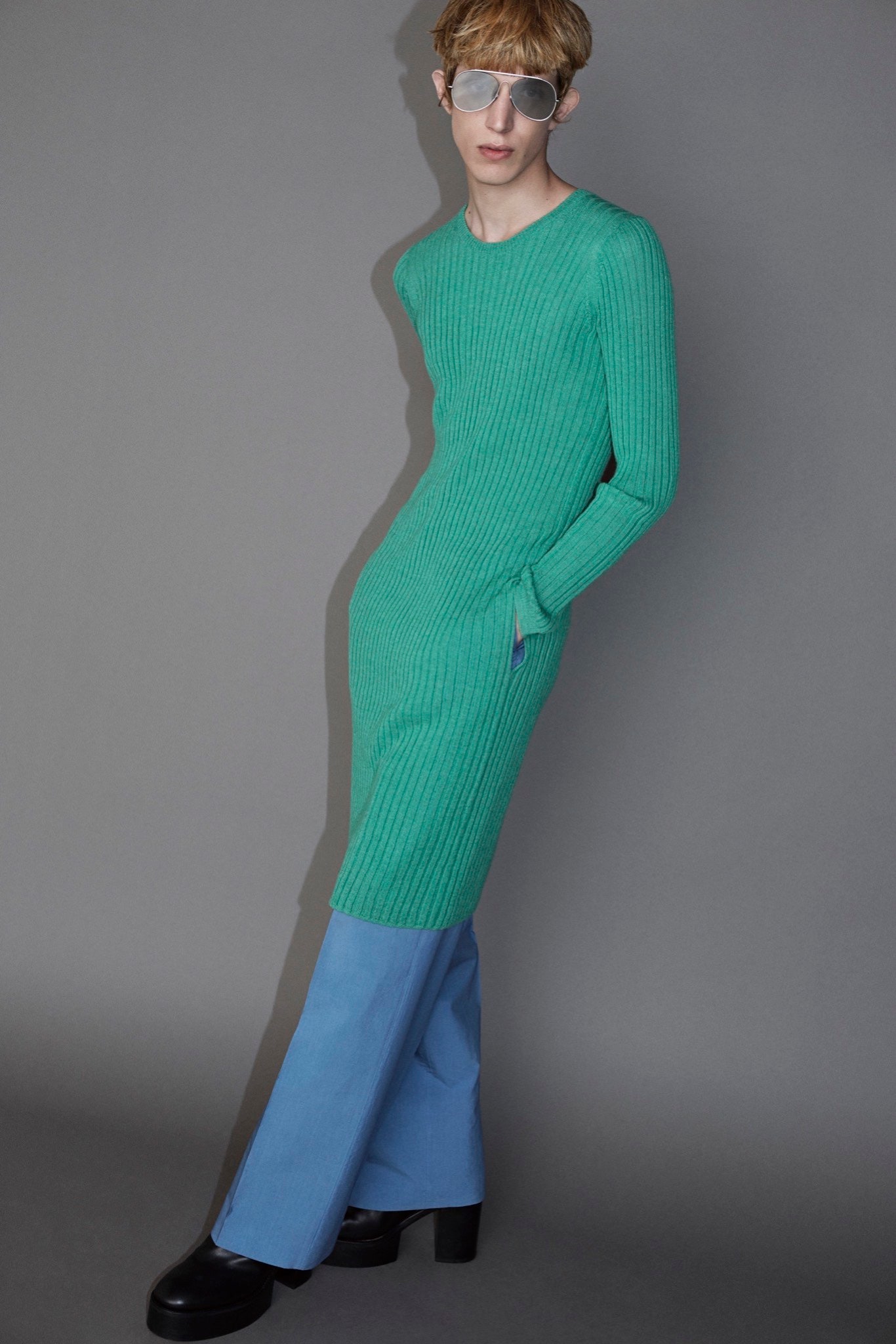 green ribbed midi dress with blue pants