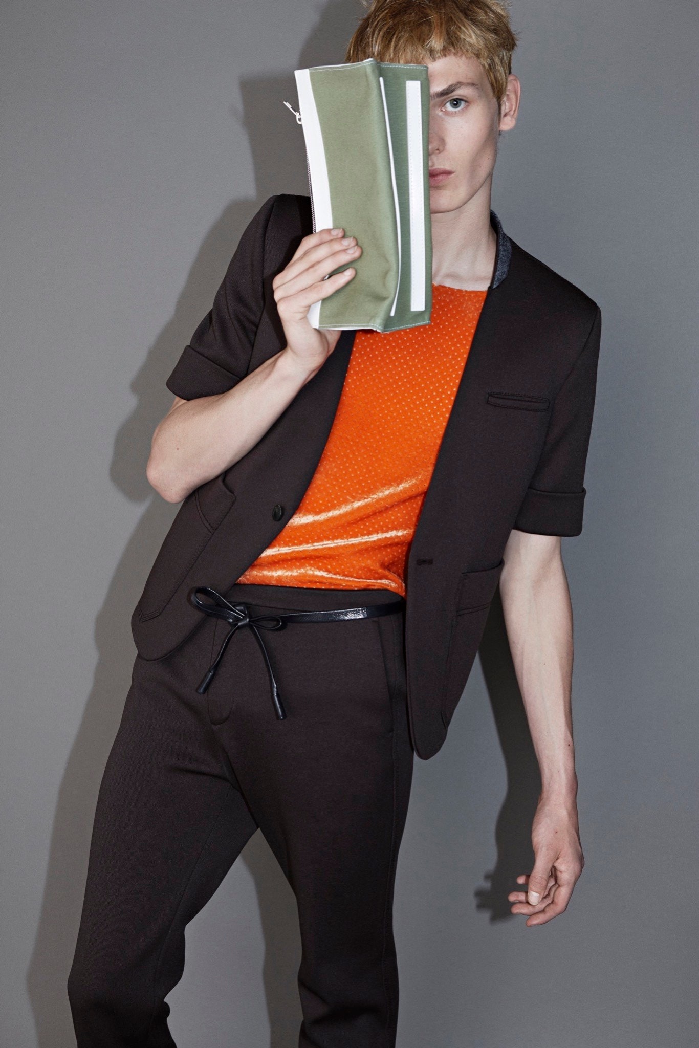 orange cotton short-sleeve collared fitted textured top