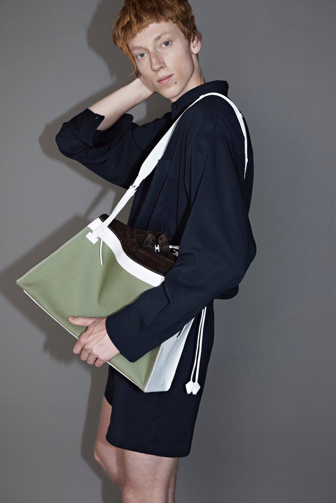 navy cotton shirt-dress with bag