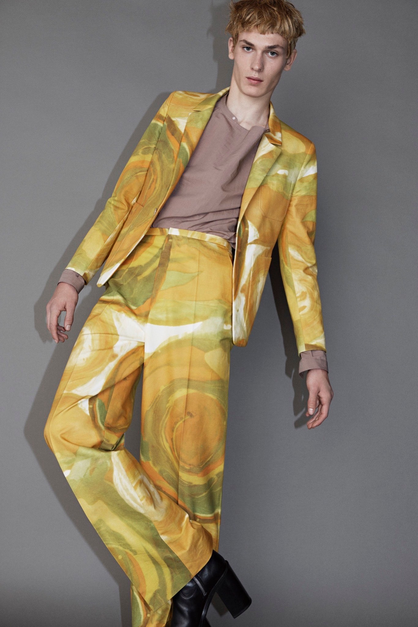 yellow green printed suit with beige top