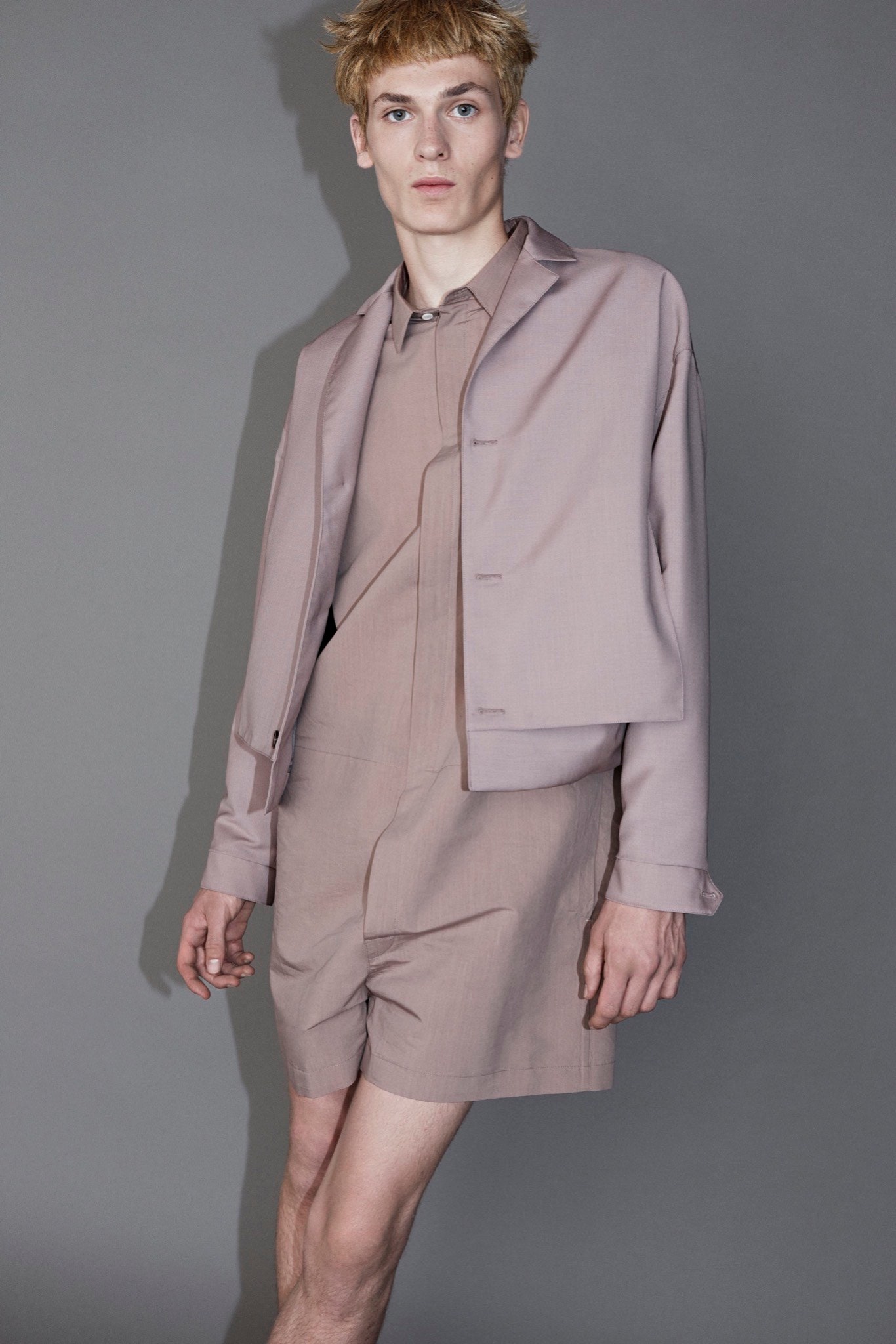 beige cotton jacket and shorts