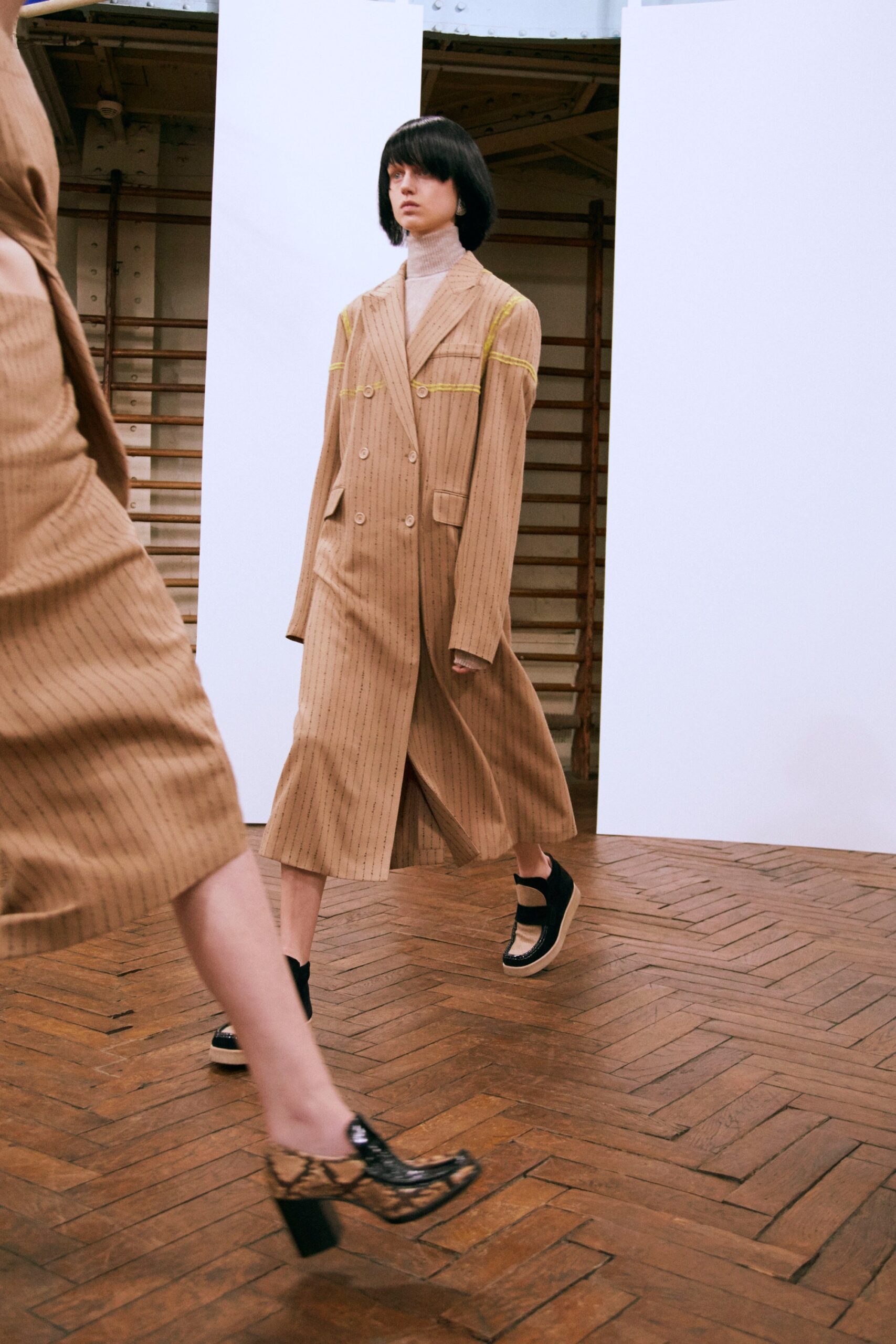 beige cotton long-sleeve collared relaxed pleated belted dress