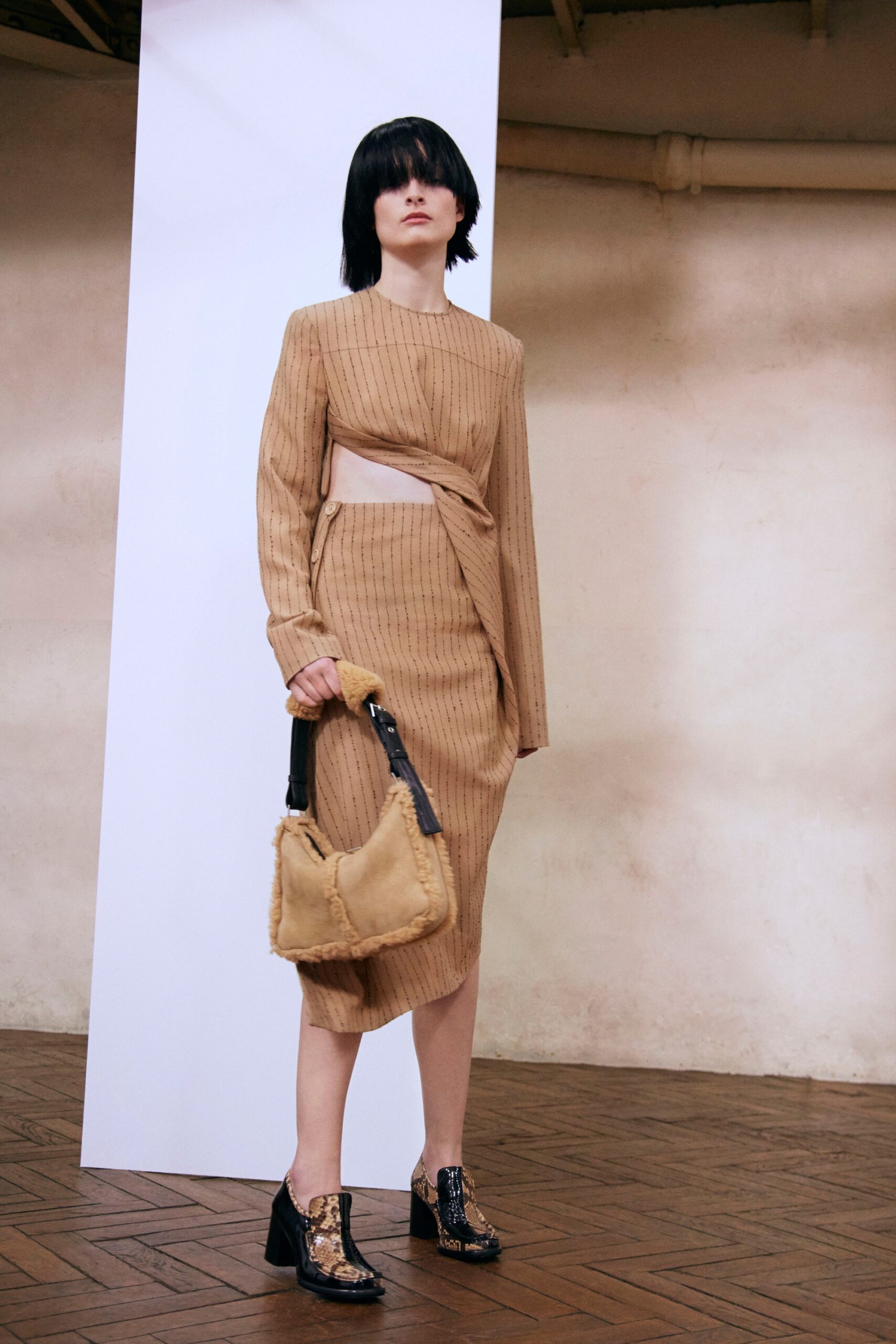beige fitted asymmetric dress