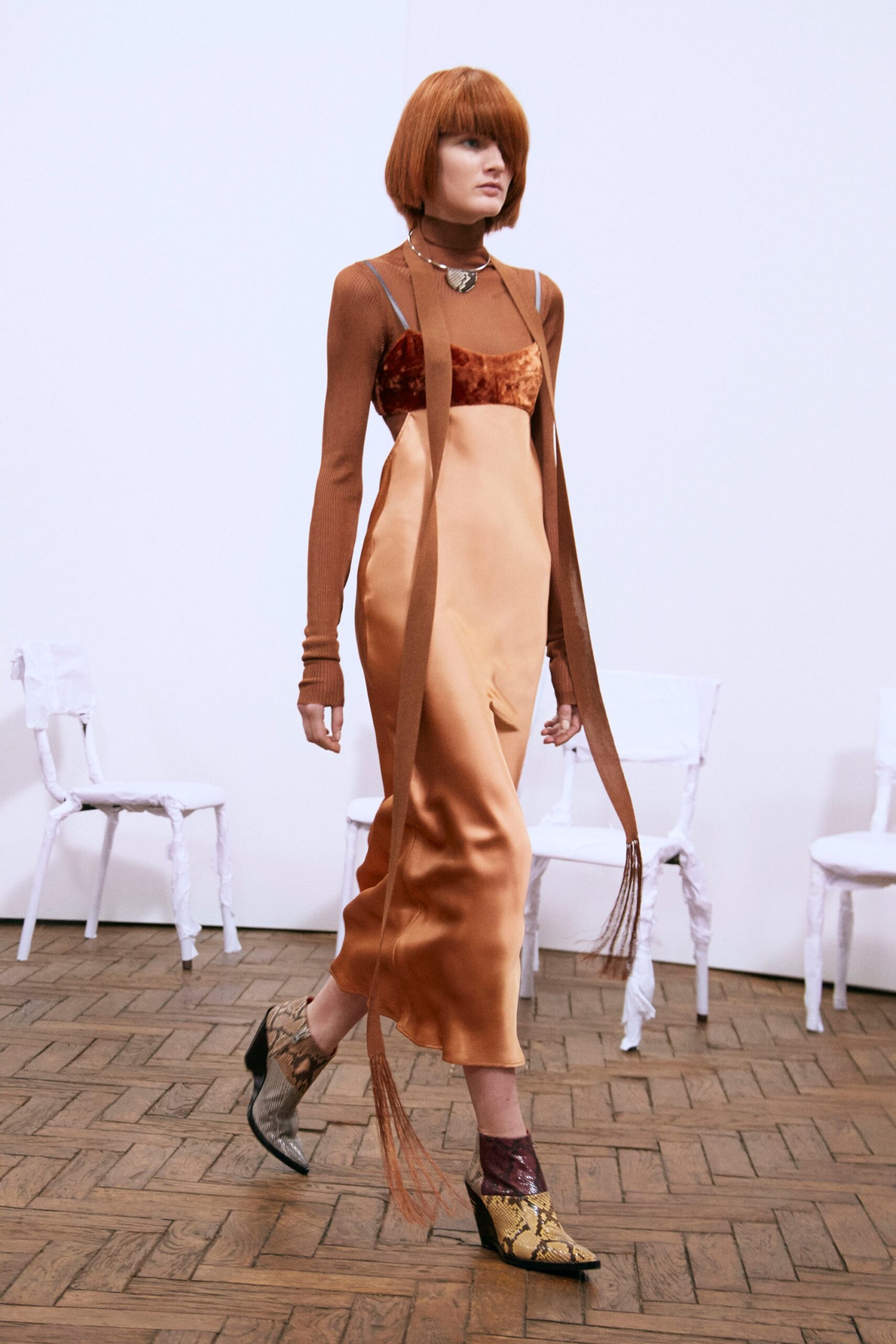 orange silk midi dress with velvet top