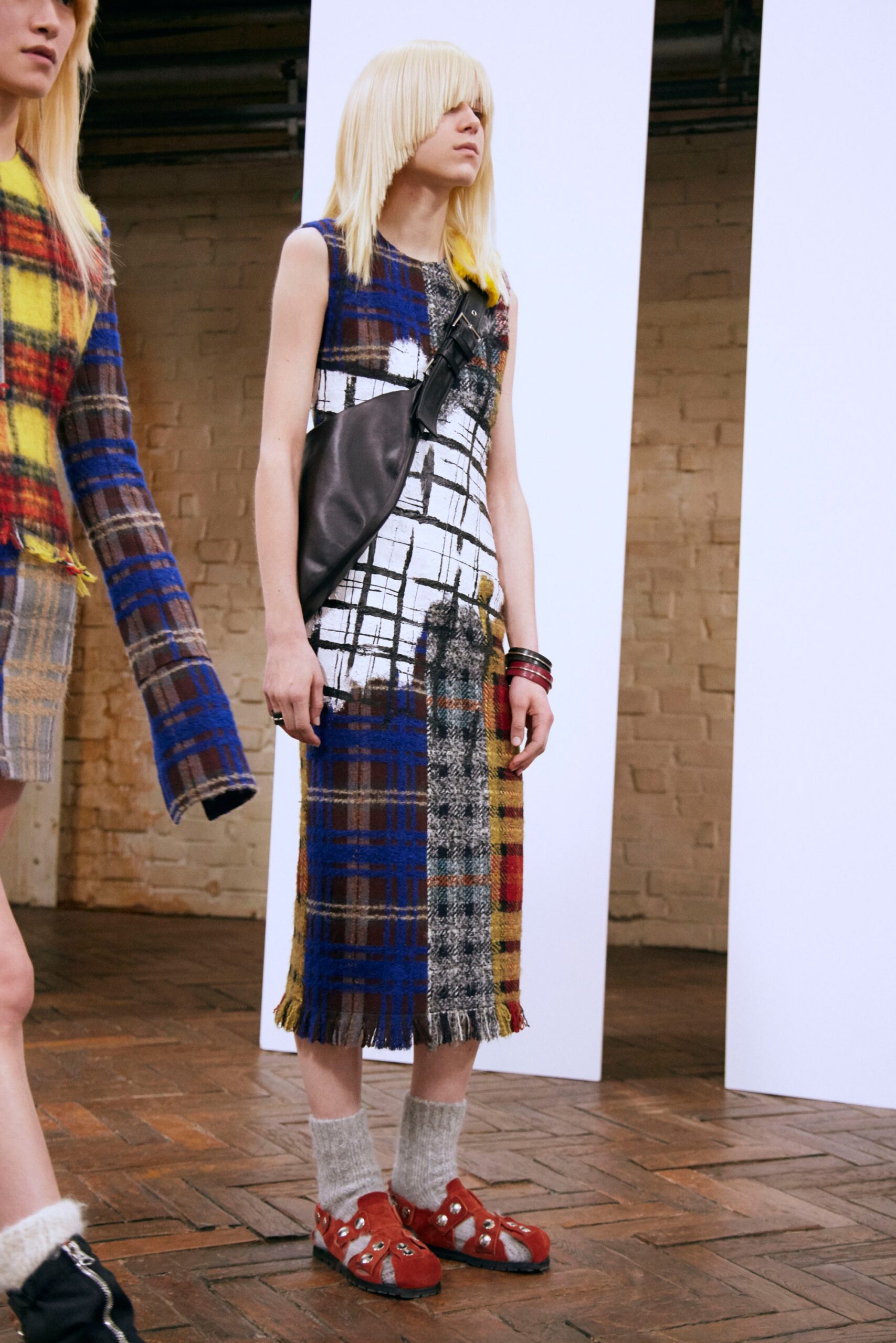 multi-colored checked midi dress