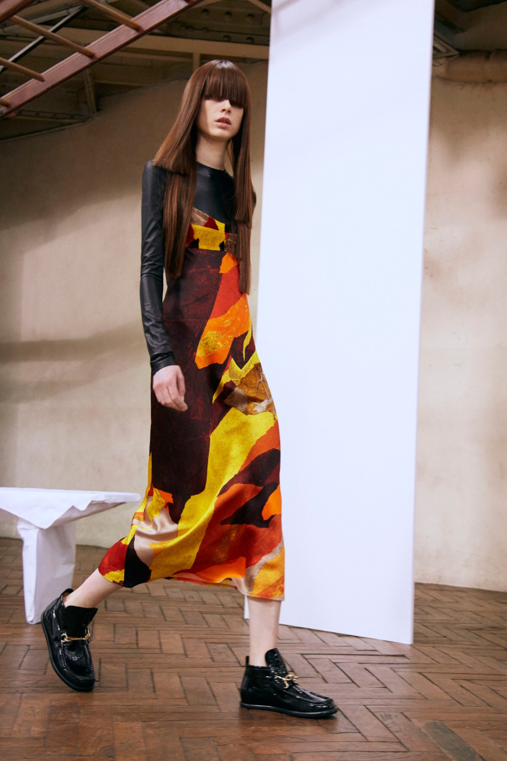 colorful midi dress with black top
