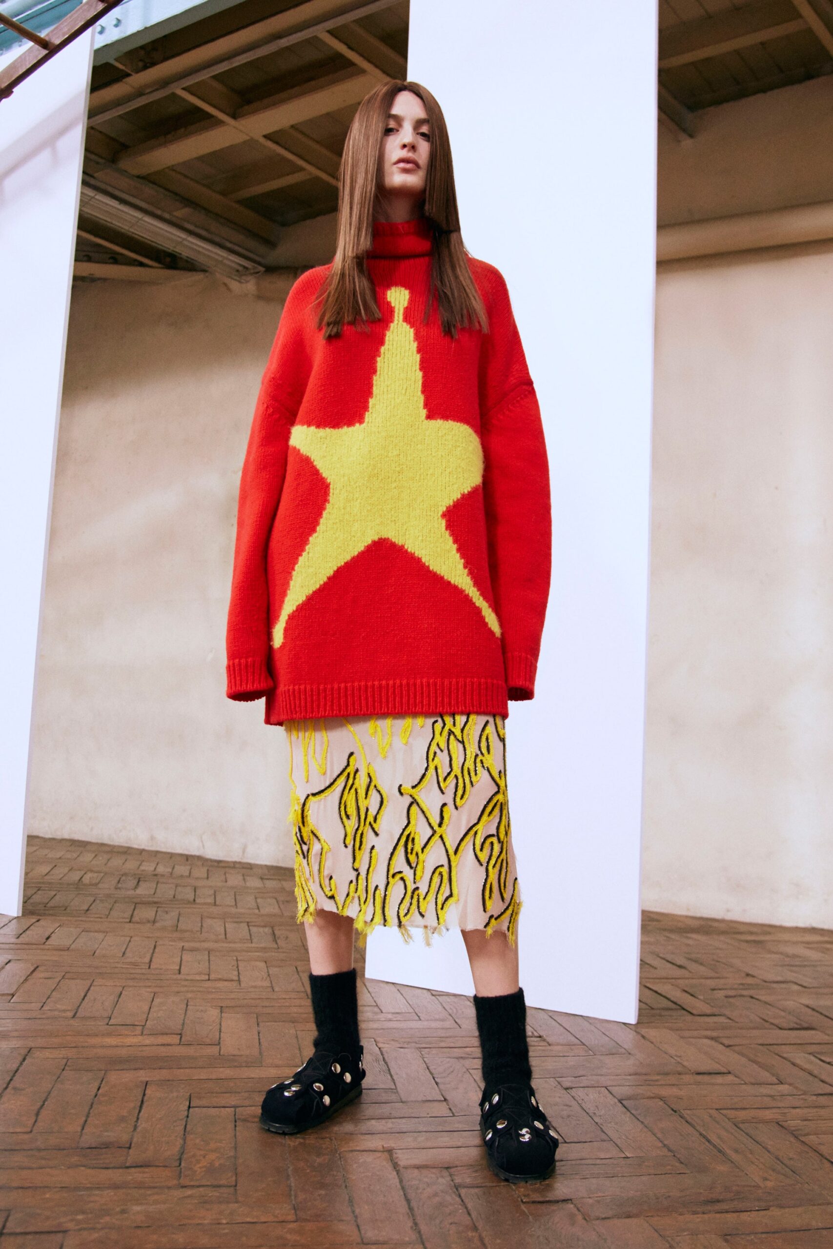 oversized red sweater with printed skirt