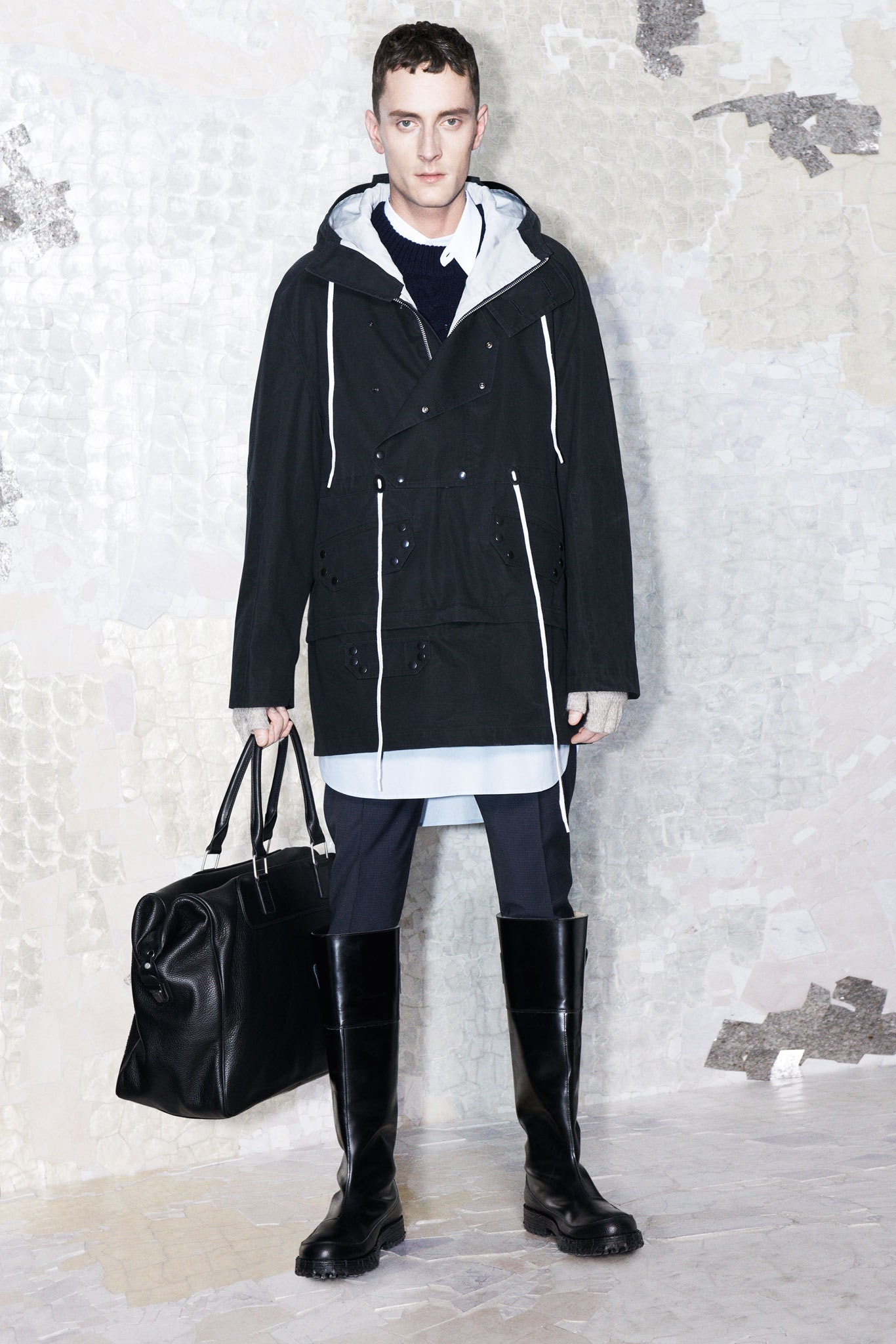 black parka with white shirt