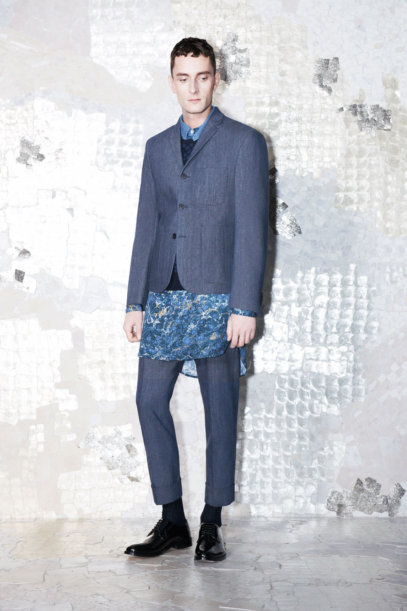 blue tailored suit with layered skirt