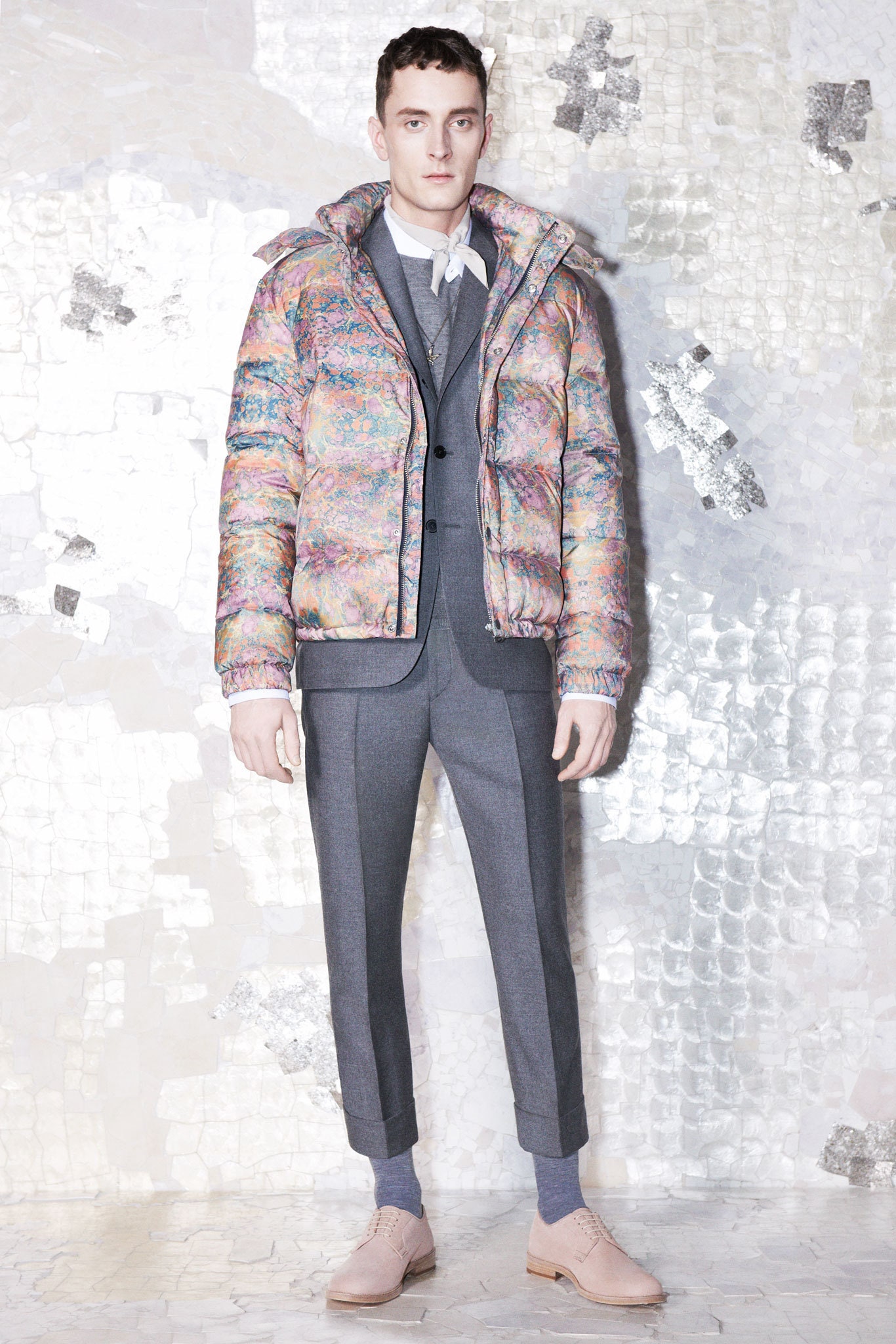 multi-colored vinyl jacket with gray suit