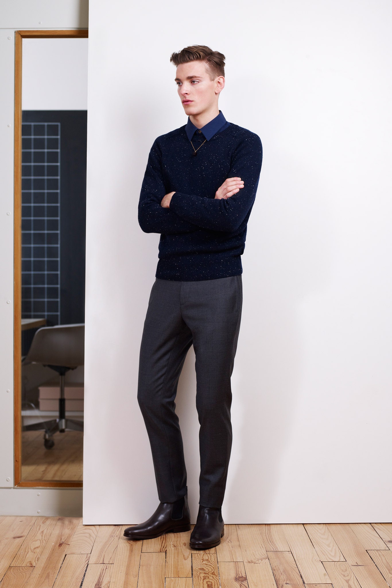 blue wool long-sleeve collared fitted textured sweater