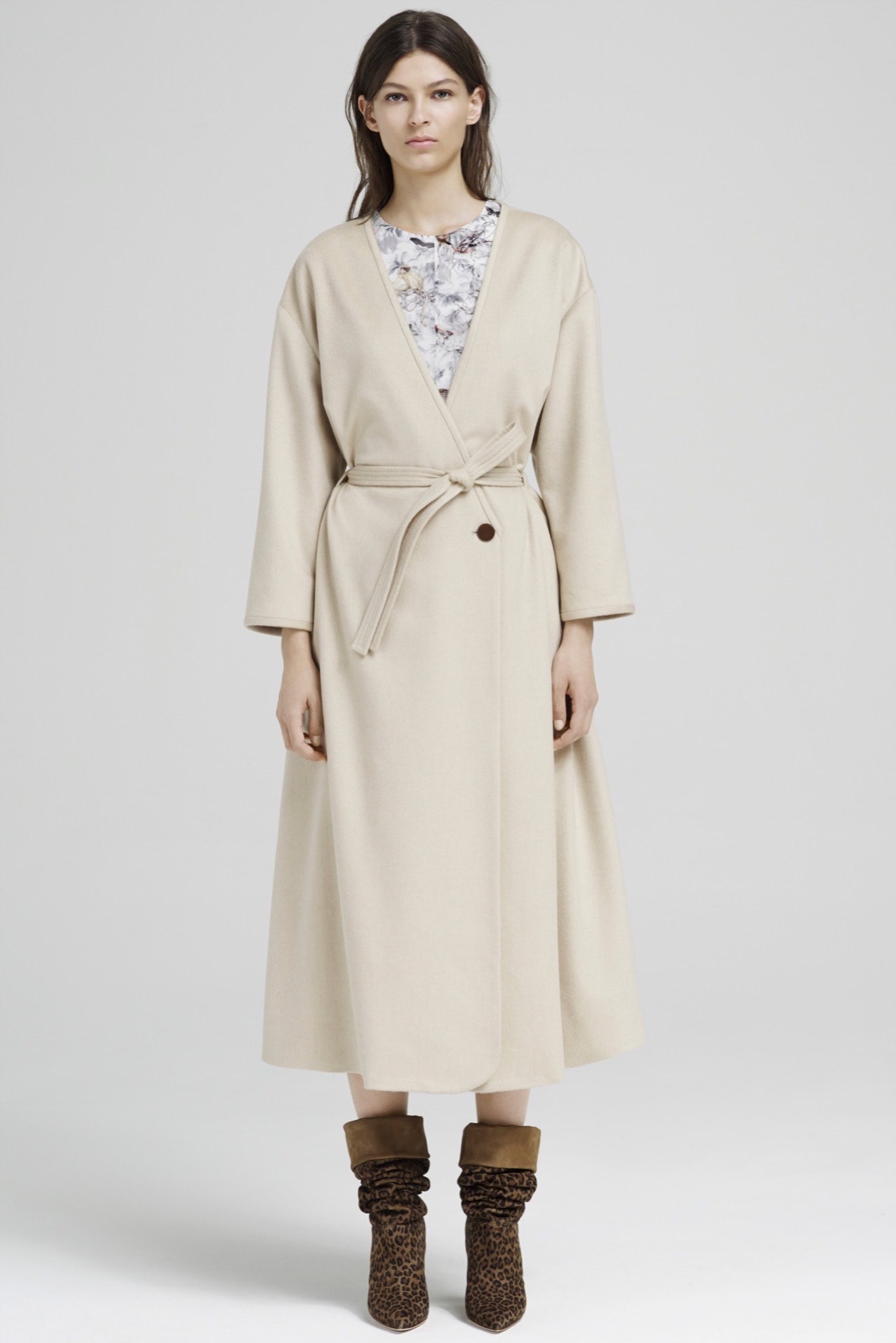 beige wool belted coat and floral dress