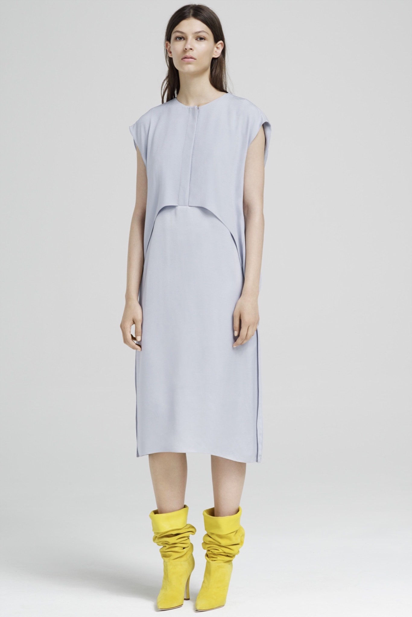 light blue relaxed midi dress with yellow boots