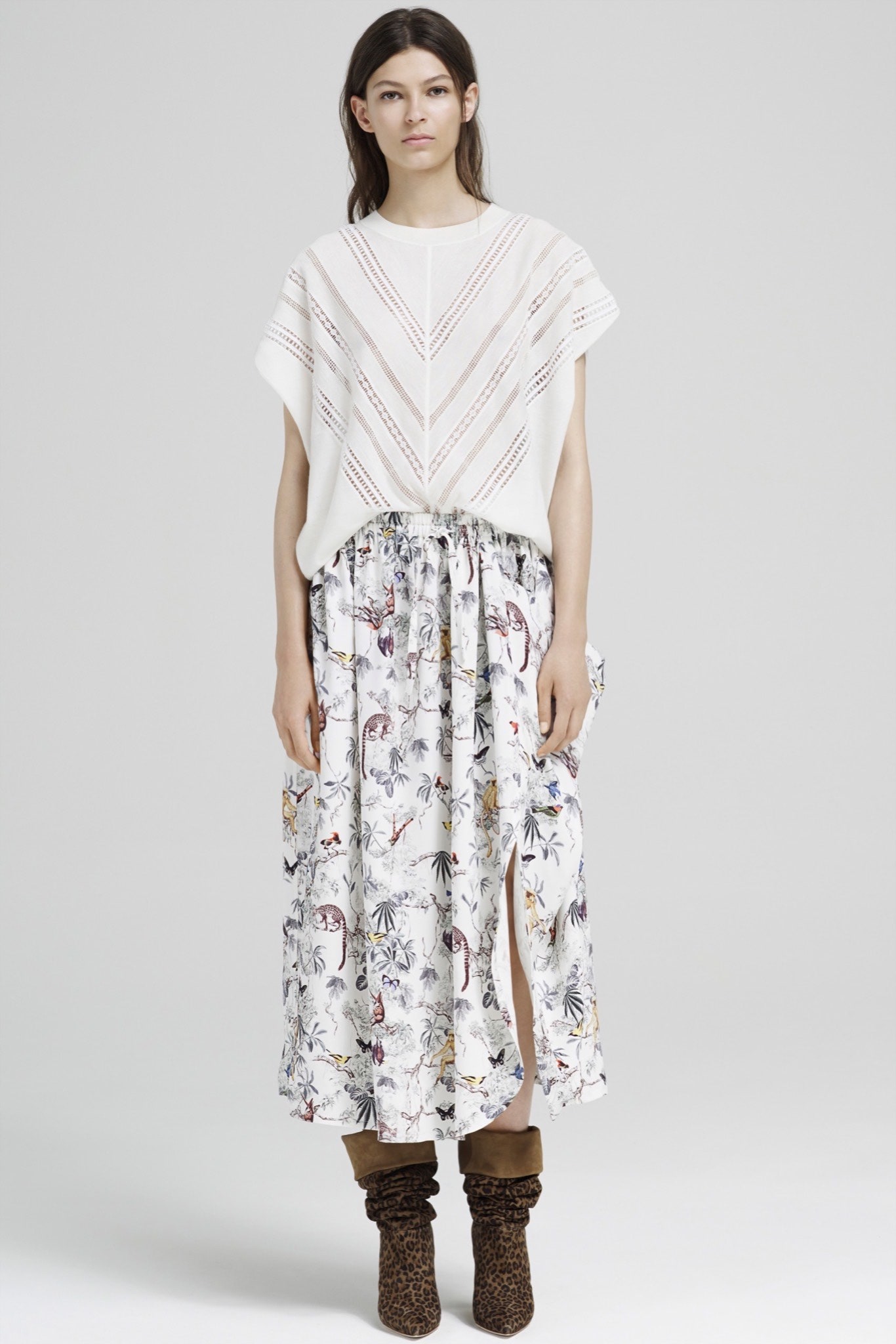 white embroidered top with multi skirt