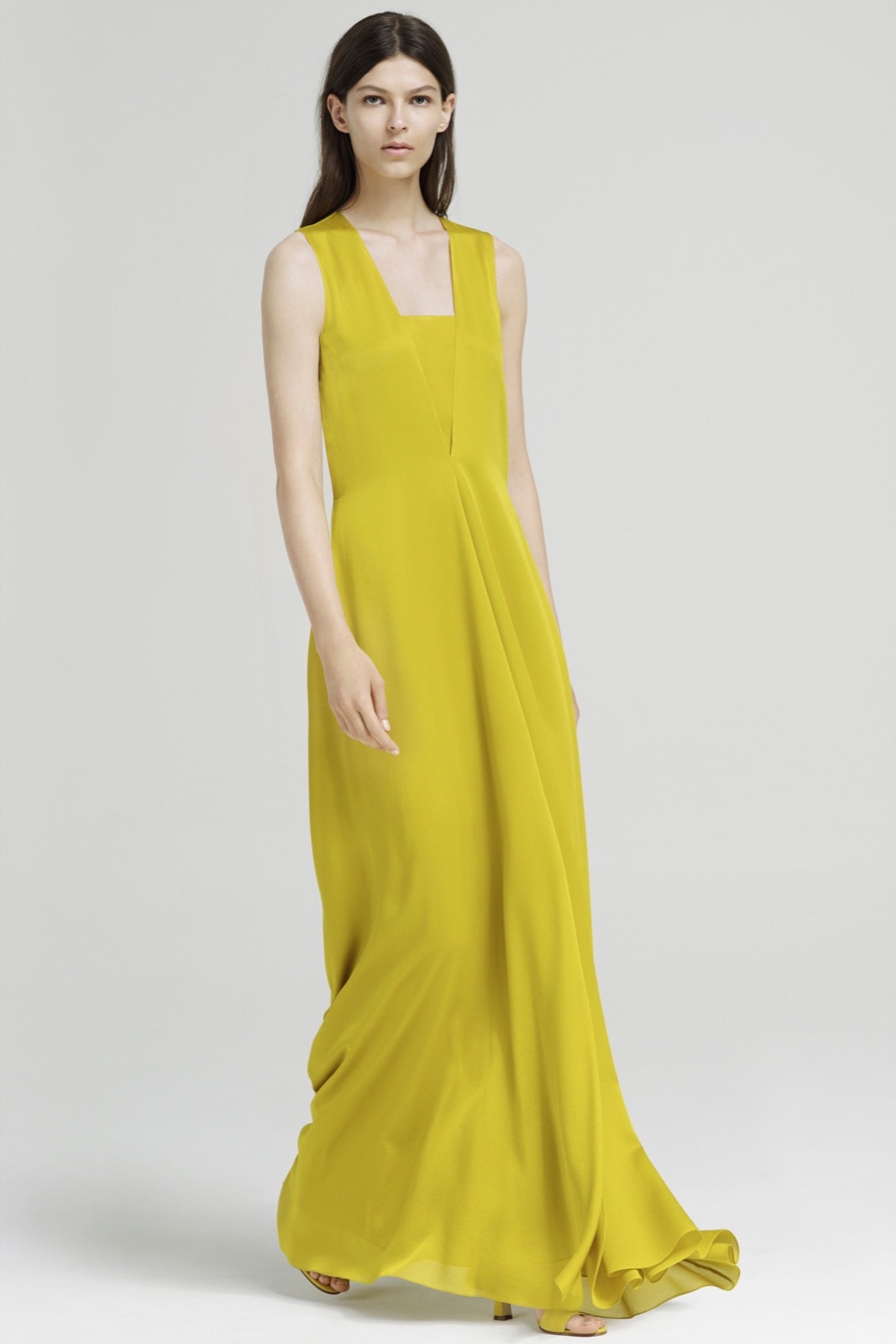 fitted yellow silk gown
