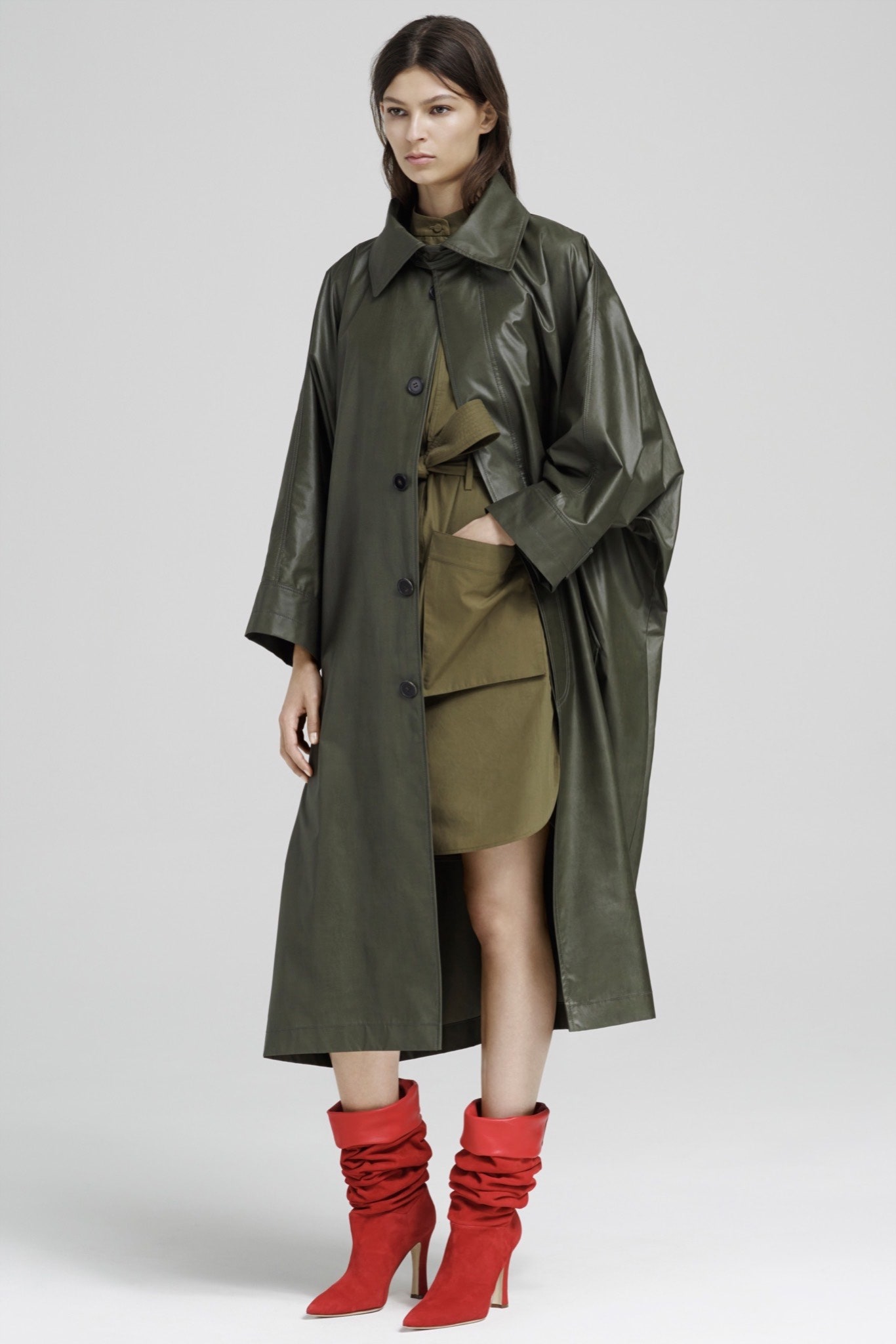 green leather oversized coat