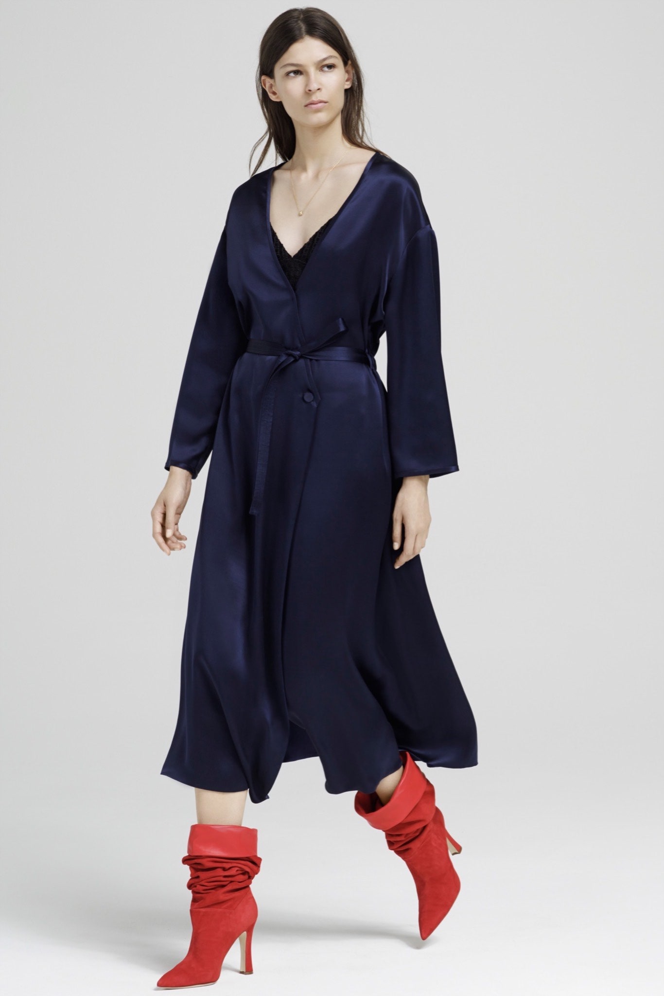 blue silk relaxed dress with red boots
