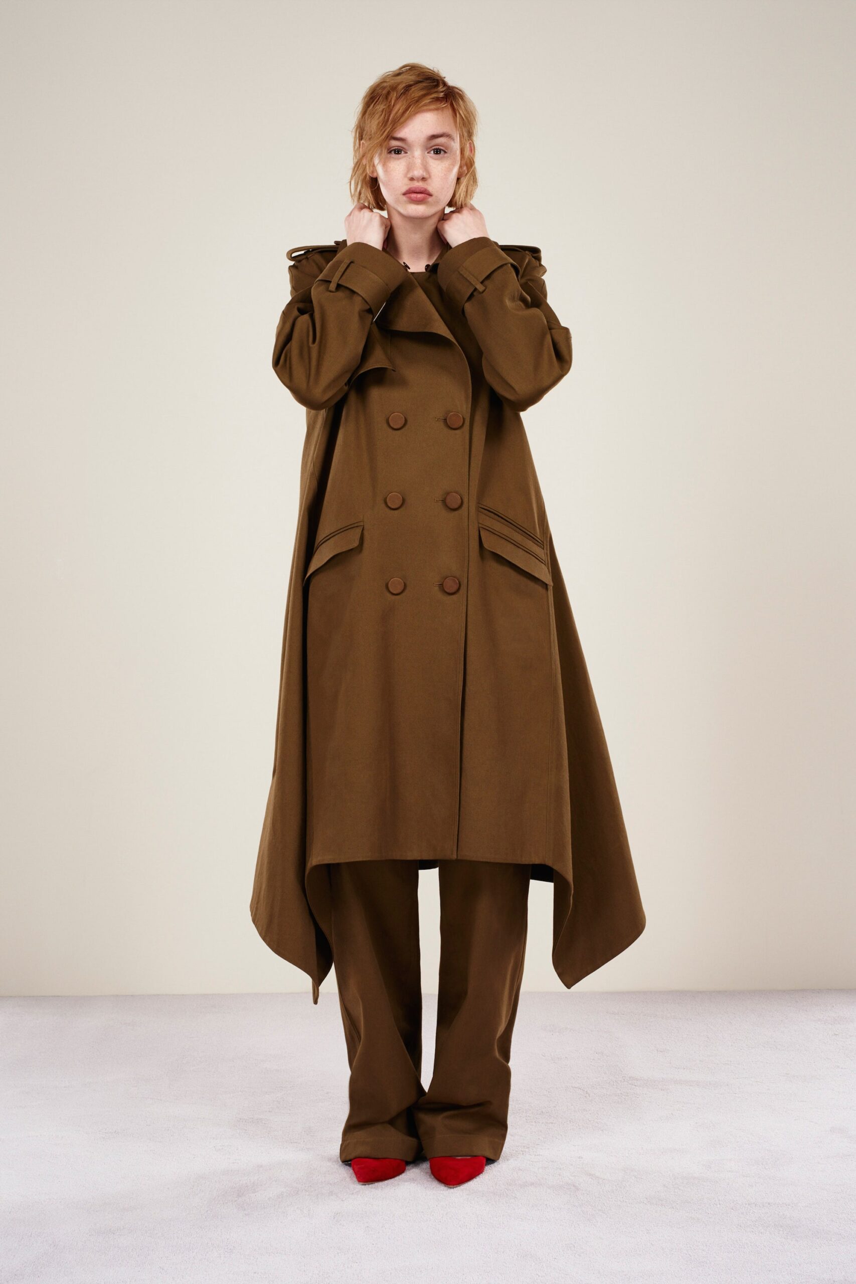 brown cotton long-sleeve double-breasted relaxed layered pockets coat
