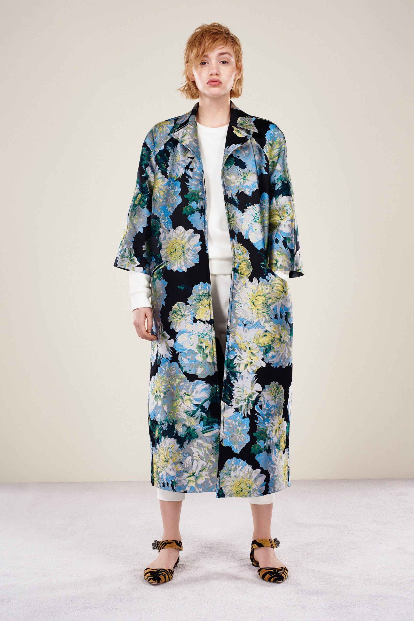 floral silk coat with relaxed sweater