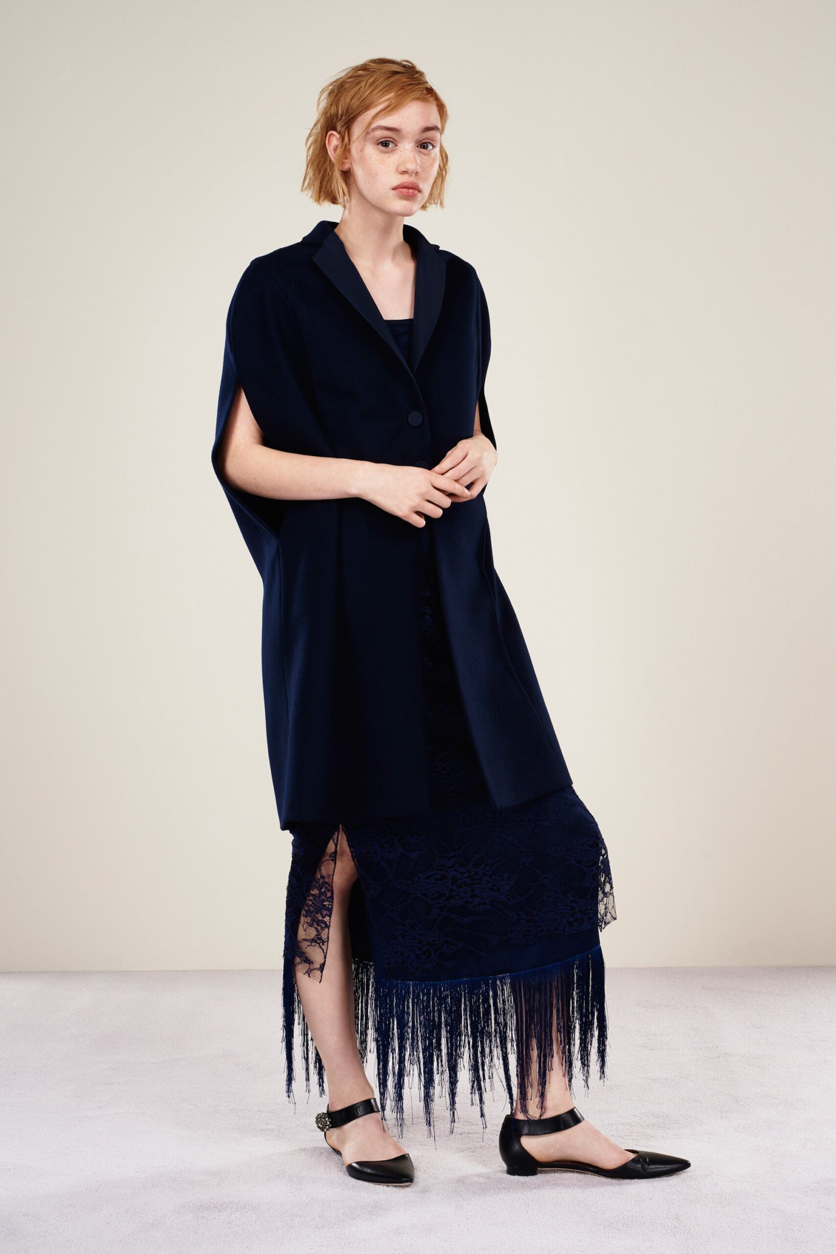 blue wool long-sleeve collared relaxed buttoned cape