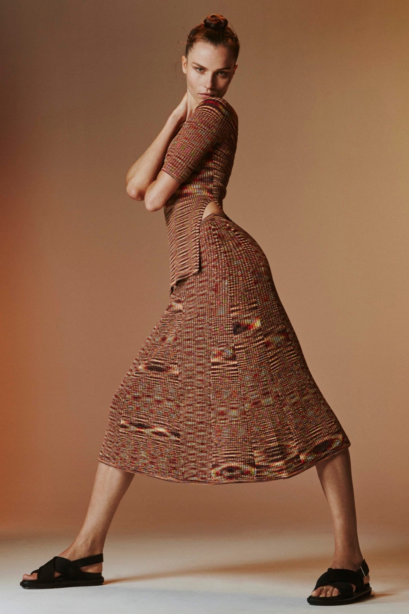 fitted multi-colored midi dress