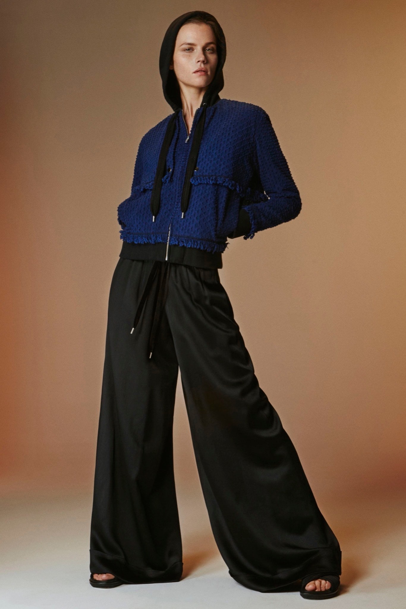 blue relaxed jacket and black wide-leg pants